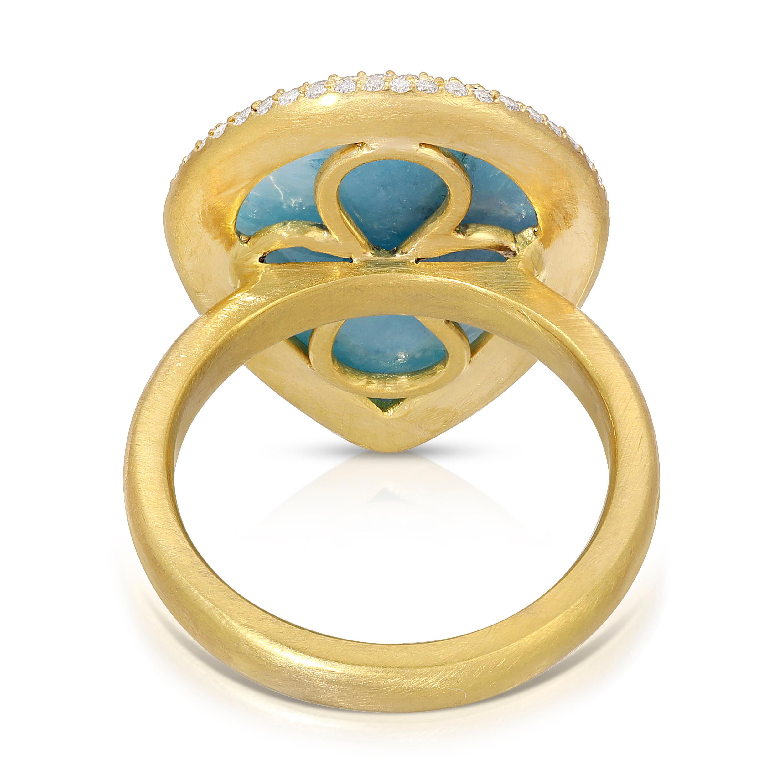 Contemporary 8.24ct Brazilian Milky Paraiba in 18k Matte Gold with Diamond Pave Halo Ring For Sale