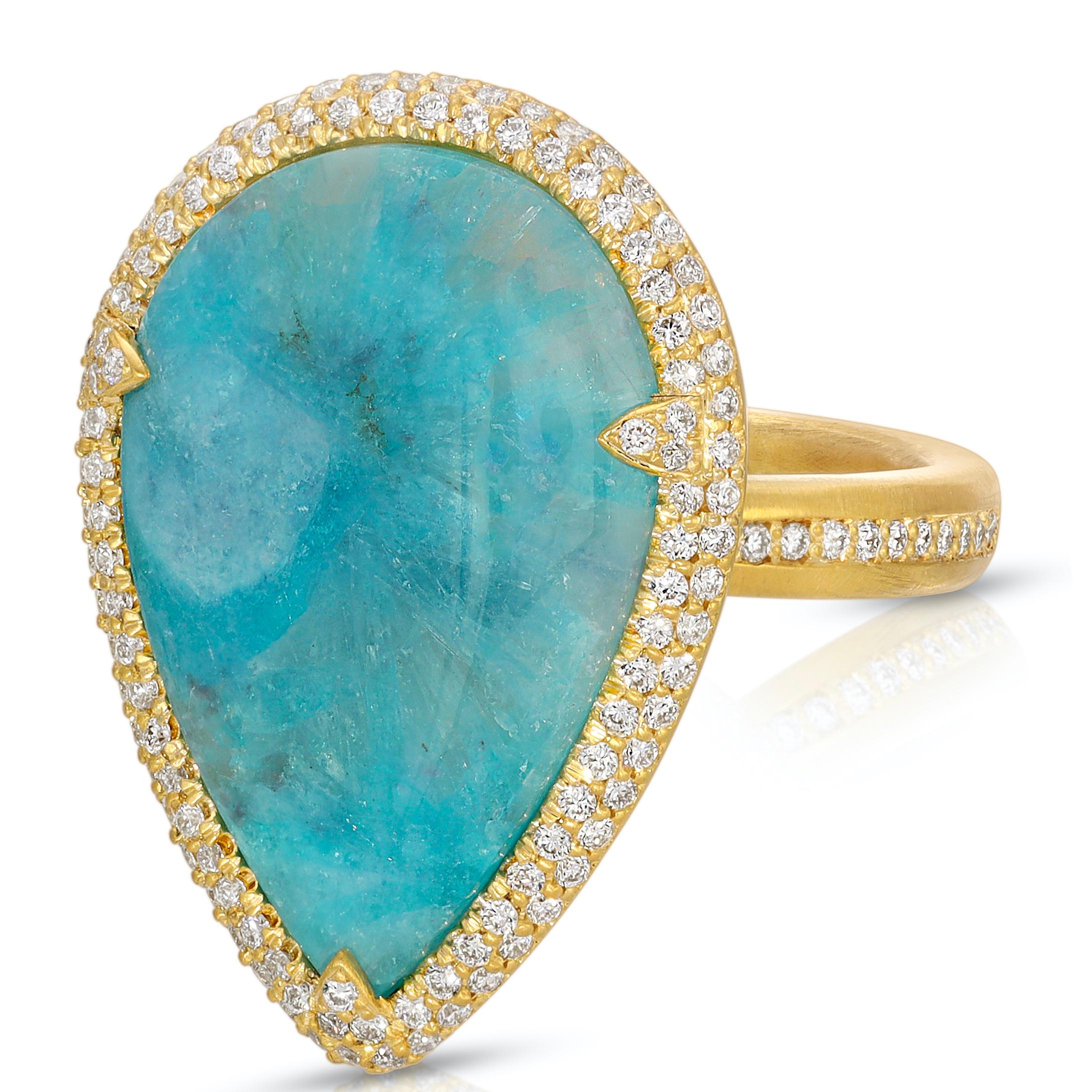 Brilliant Cut 8.24ct Brazilian Milky Paraiba in 18k Matte Gold with Diamond Pave Halo Ring For Sale