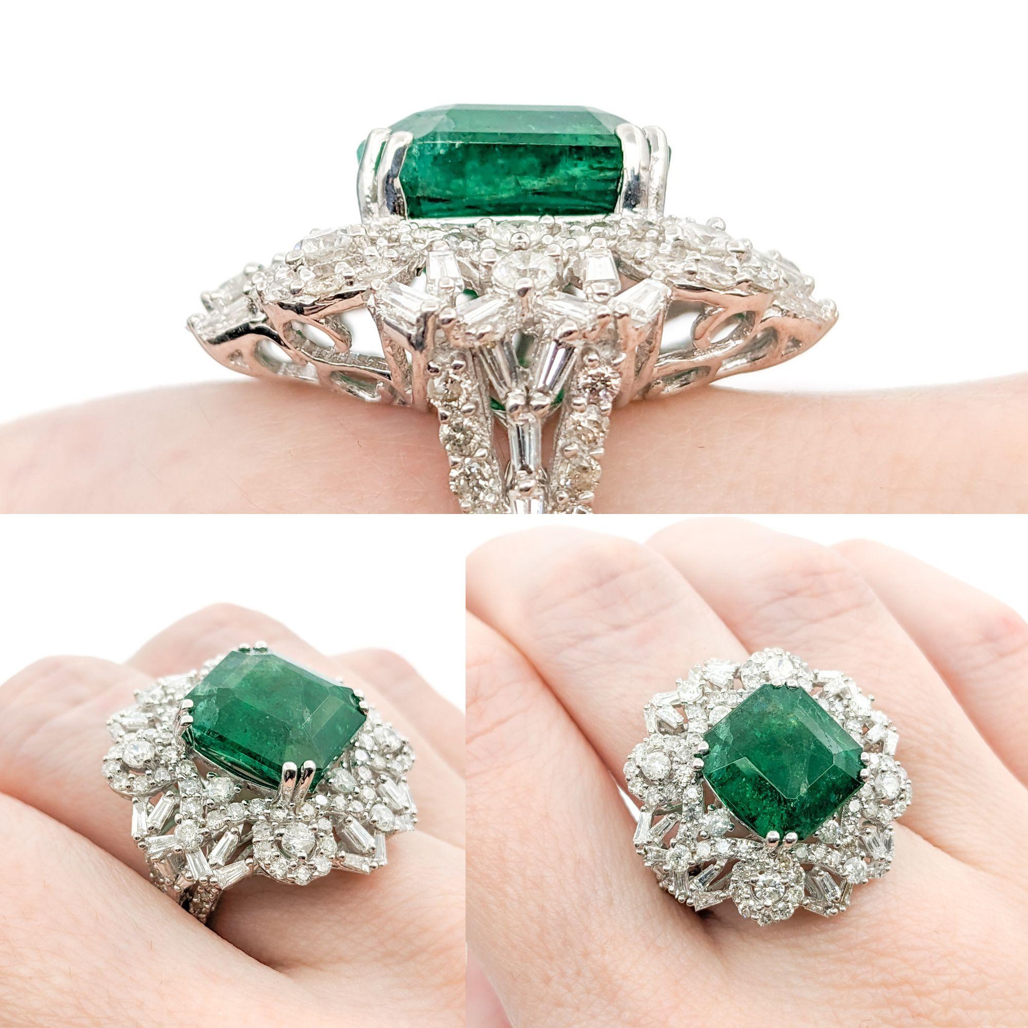 Baguette Cut 8.24ct Emerald & Diamond Cocktail Ring In White Gold For Sale