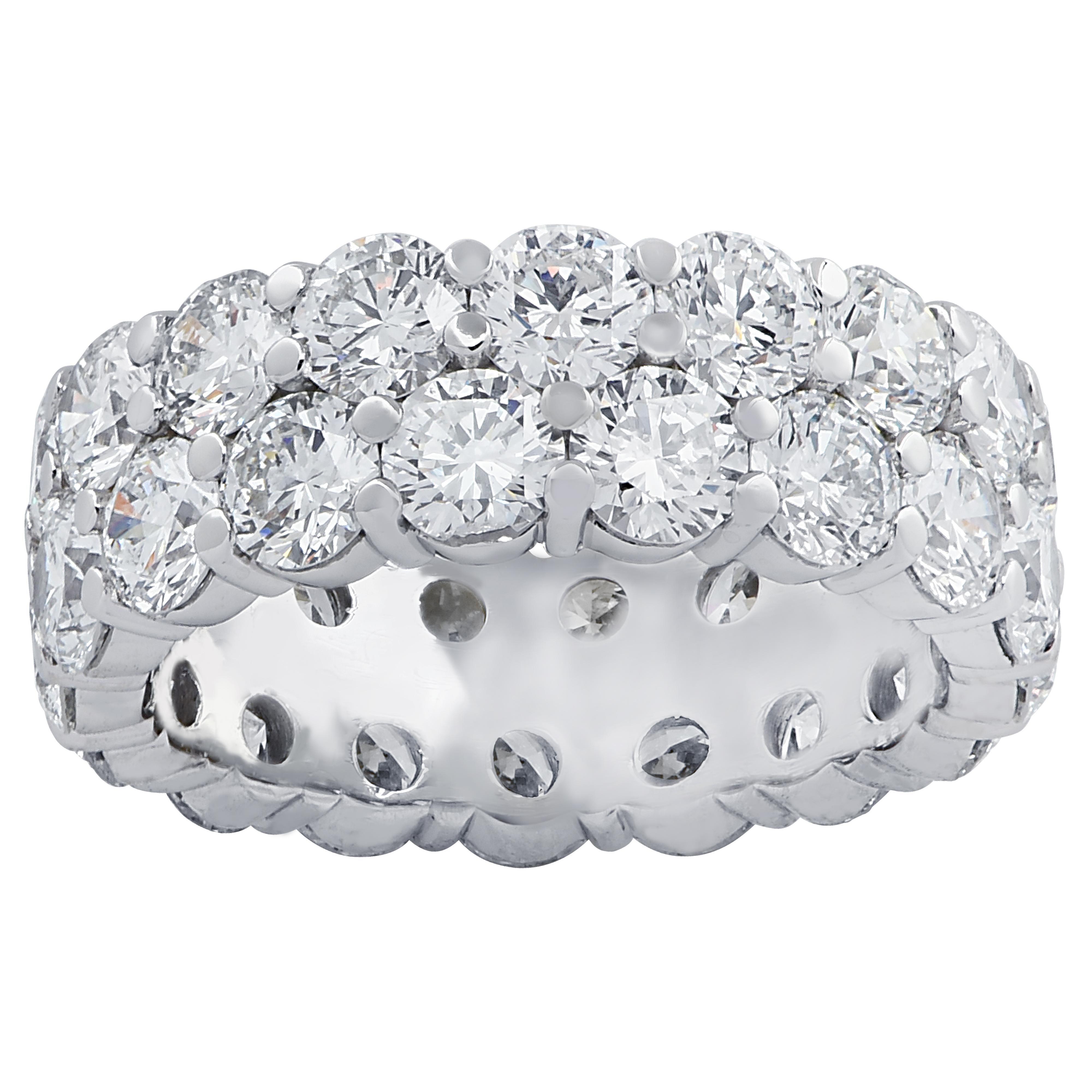 Exquisite eternity band crafted in Platinum, showcasing 34 stunning round brilliant cut diamonds weighing 8.25 carats total, G color, VS clarity. The diamonds are set in two rows which fit together in a seamless sea of eternity, creating a