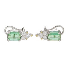 8.25 Carat Green Tourmaline White Yellow Diamond Art Deco Platinum Earrings