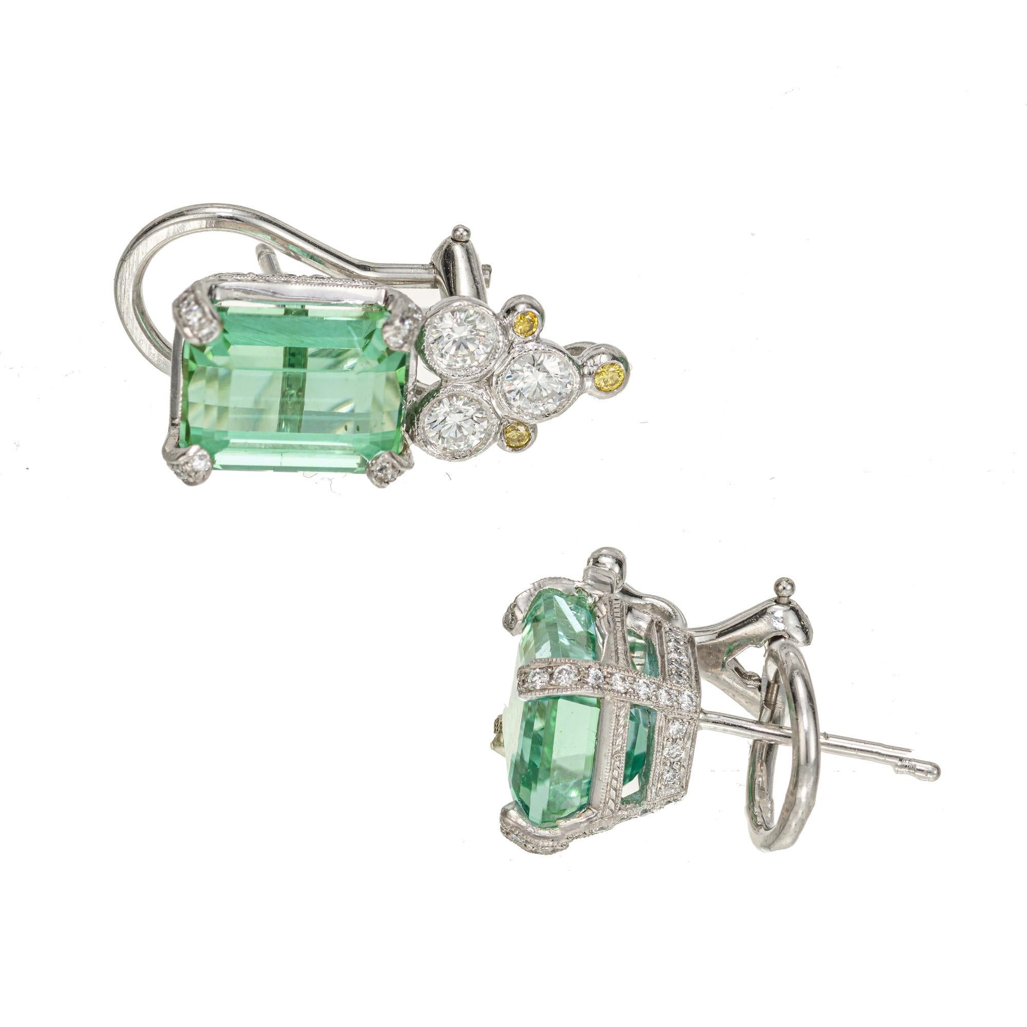 8.25 Carat Green Tourmaline White Yellow Diamond Art Deco Platinum Earrings In Good Condition For Sale In Stamford, CT