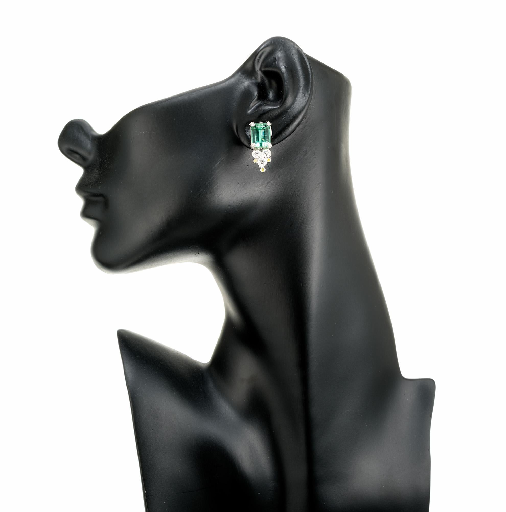 8.25 Carat Green Tourmaline White Yellow Diamond Art Deco Platinum Earrings For Sale 4