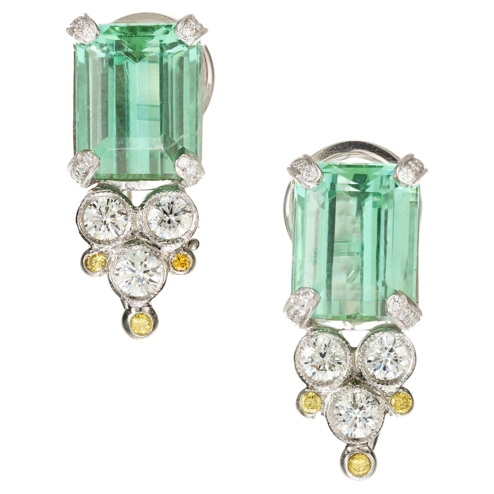8.25 Carat Green Tourmaline White Yellow Diamond Art Deco Platinum Earrings