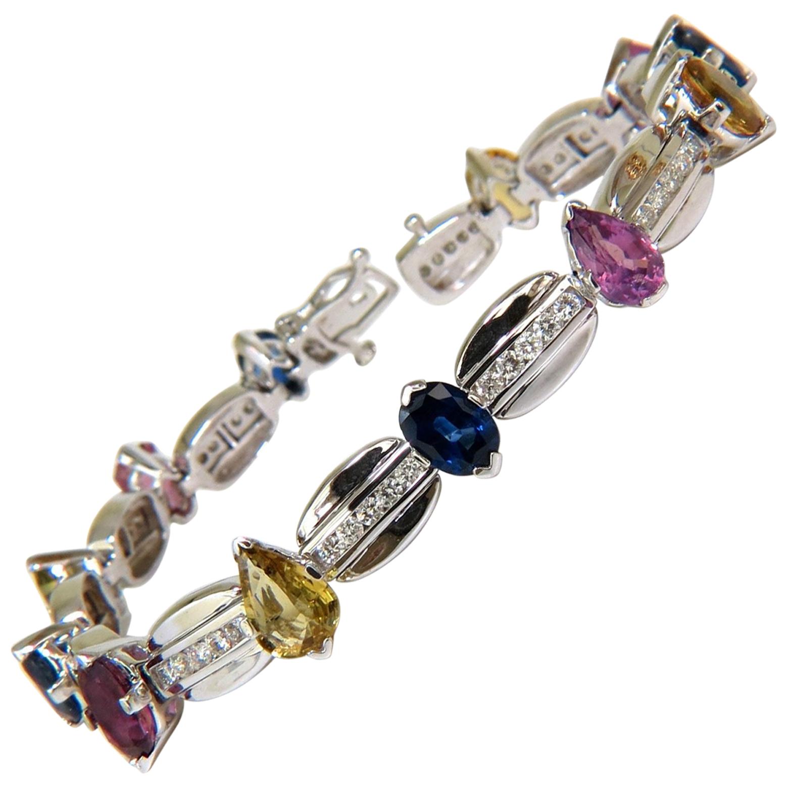 8.25 Carat Natural Fine Gem Vivid Colors Sapphire Diamond Bracelet 14 Karat For Sale