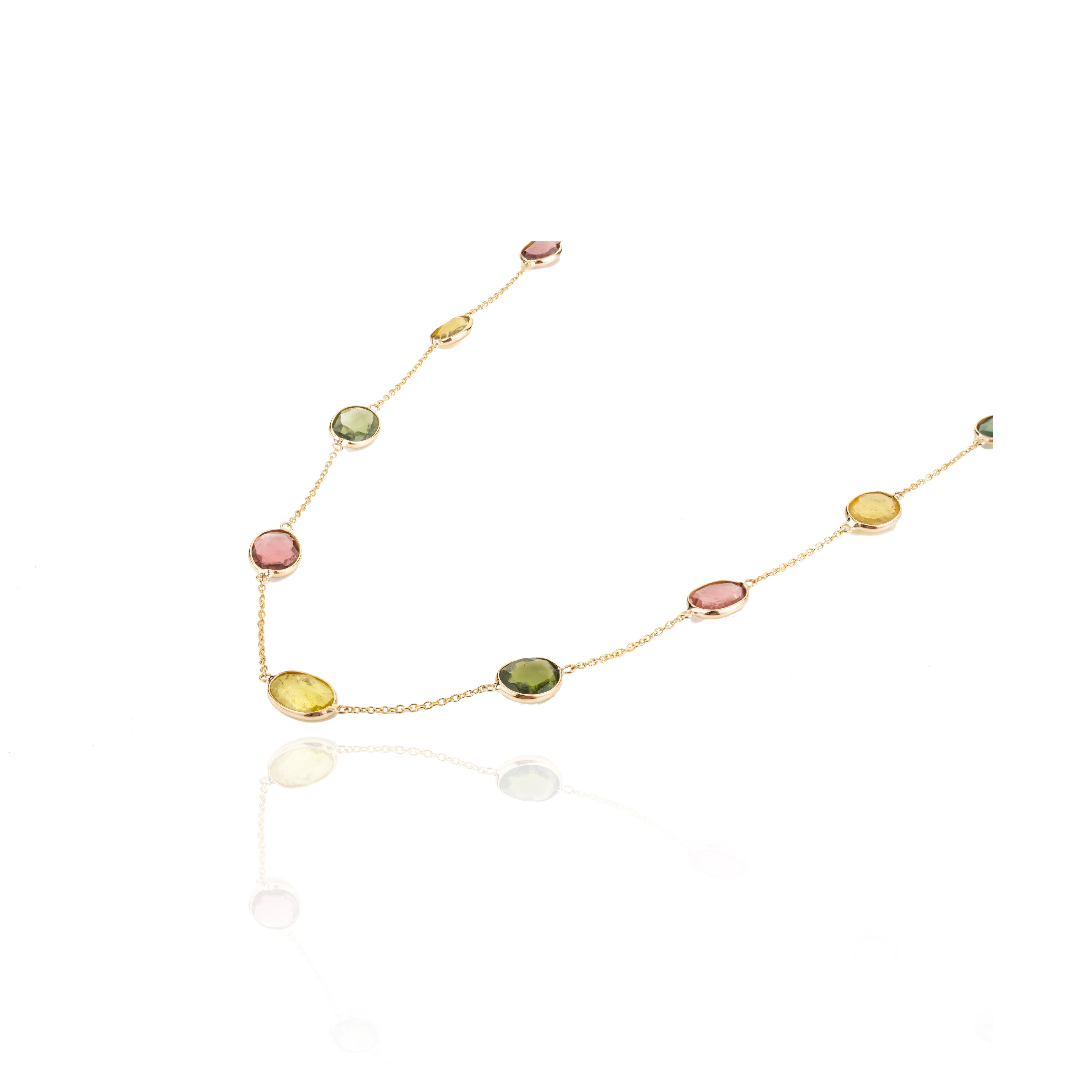 Modern 8.25 Carat Natural Tourmaline Station Chain Necklace in 18k Yellow Gold for Mom For Sale