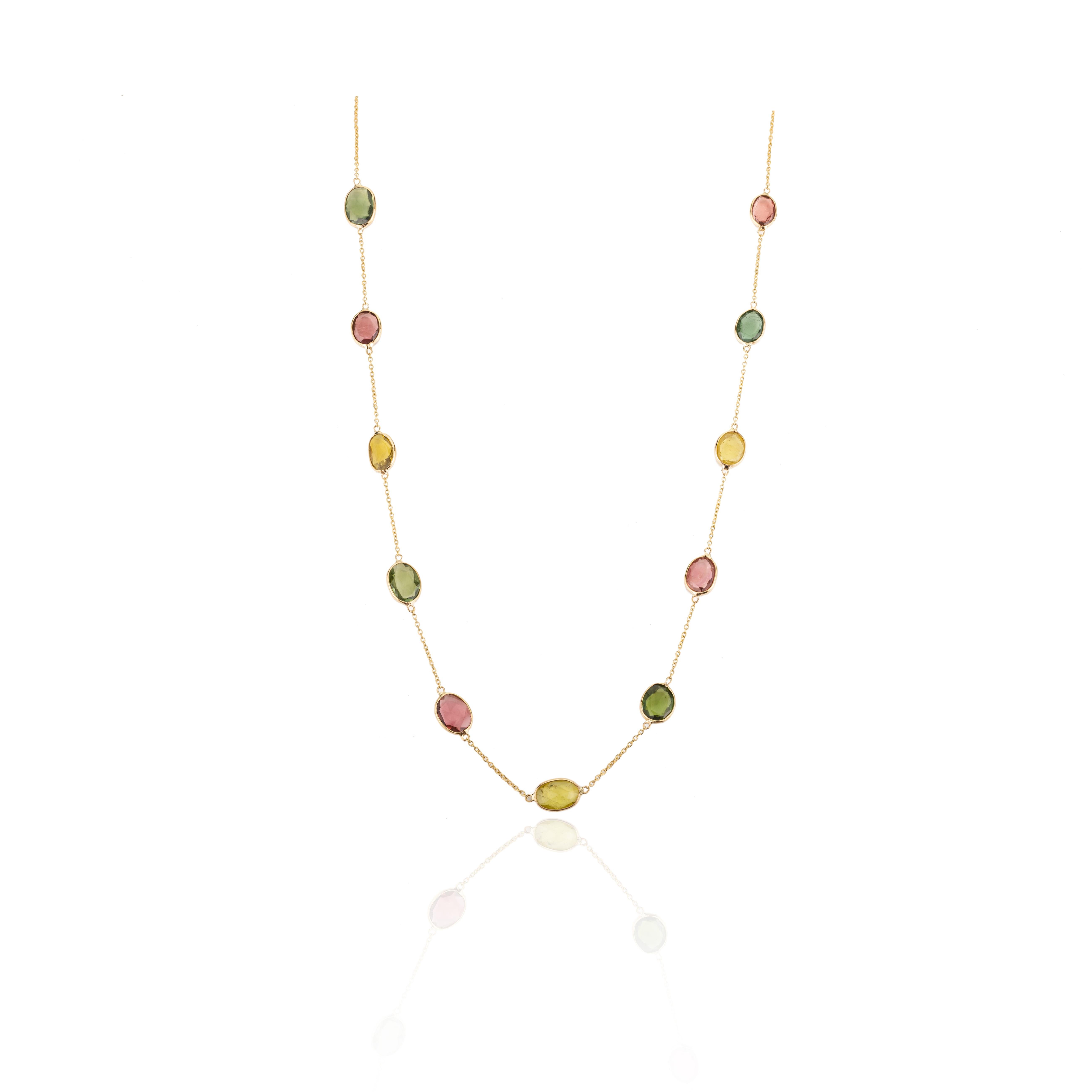 Women's 8.25 Carat Natural Tourmaline Station Chain Necklace in 18k Yellow Gold for Mom For Sale