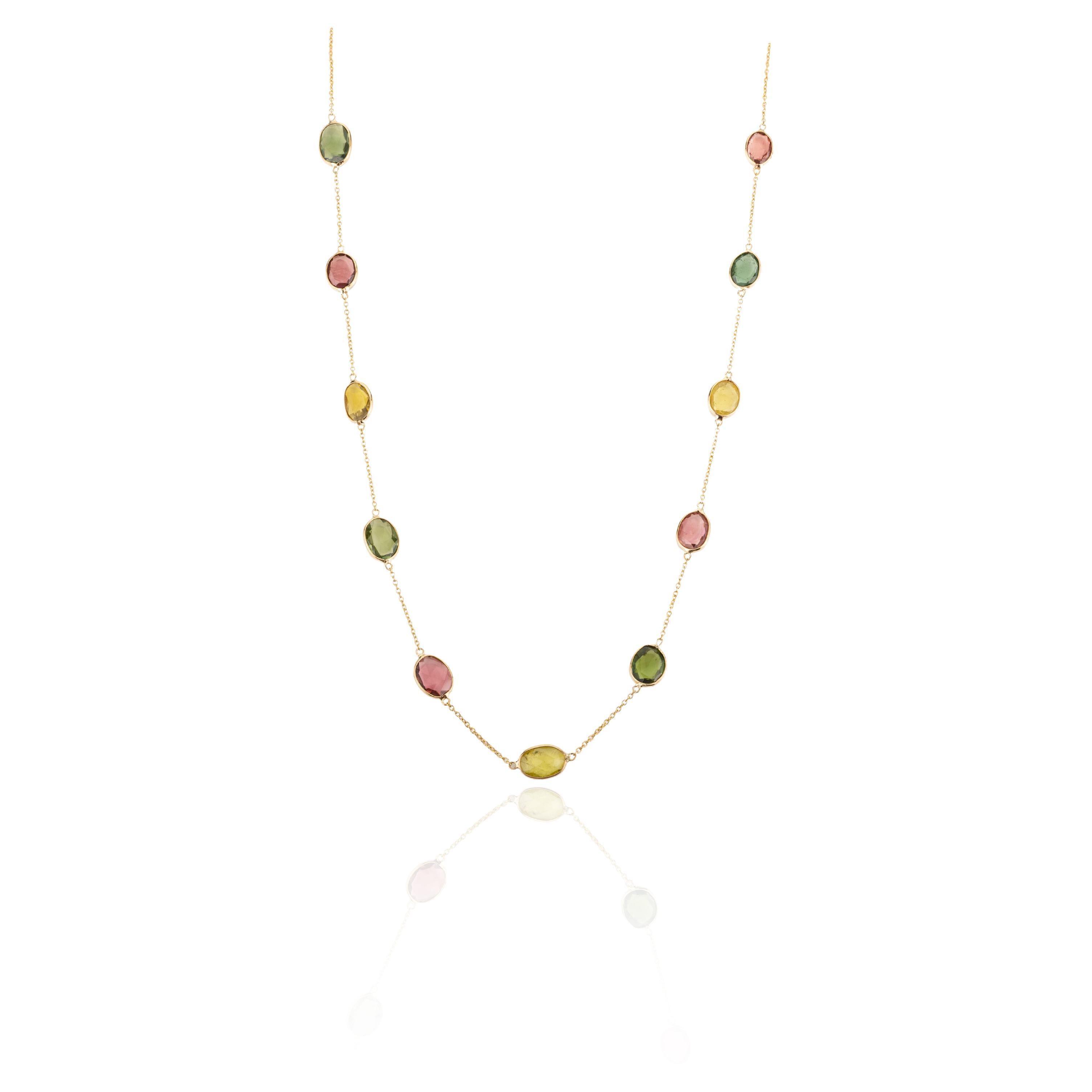 8.25 Carat Natural Tourmaline Station Chain Necklace in 18k Yellow Gold for Mom For Sale