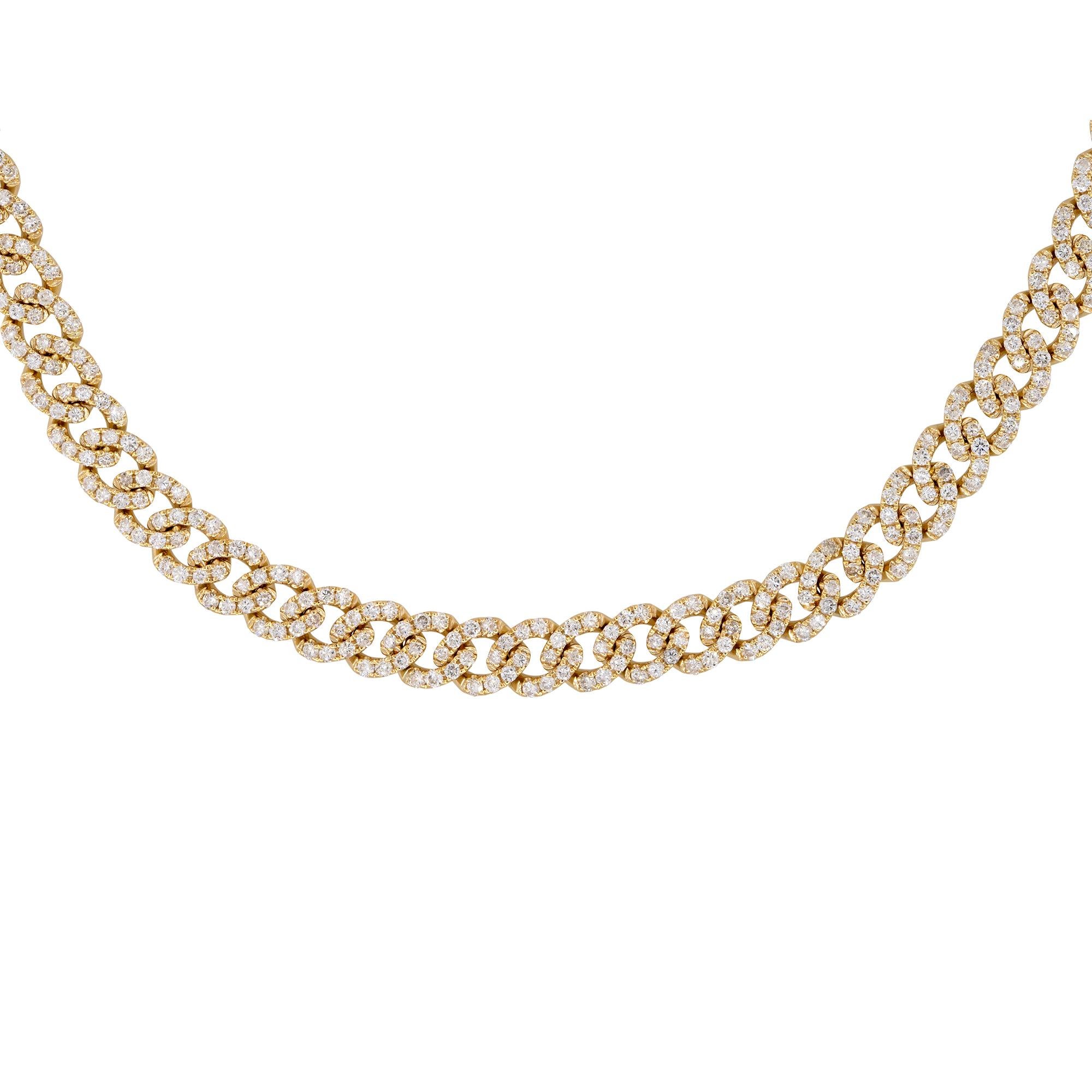 18k Yellow Gold 8.25ctw Pave Diamond Cuban Link Necklace

Material: 18k yellow gold
Diamond Details: There are approximately 8.25 carats of round brilliant cut diamonds
Diamond Clarity: All diamonds are approximately SI (Slightly Included) in