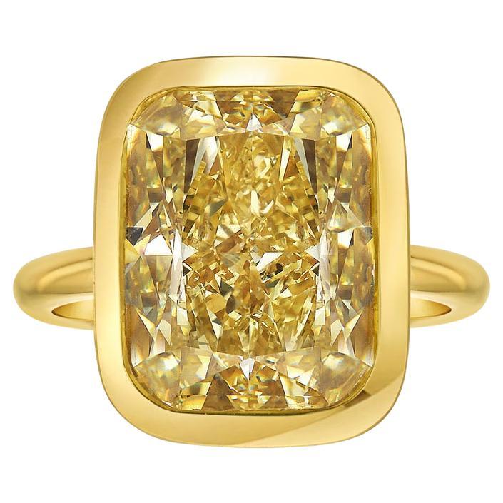 8.25 Carat Cushion Brilliant Statement Fancy Yellow 14K White Gold Diamond Ring For Sale