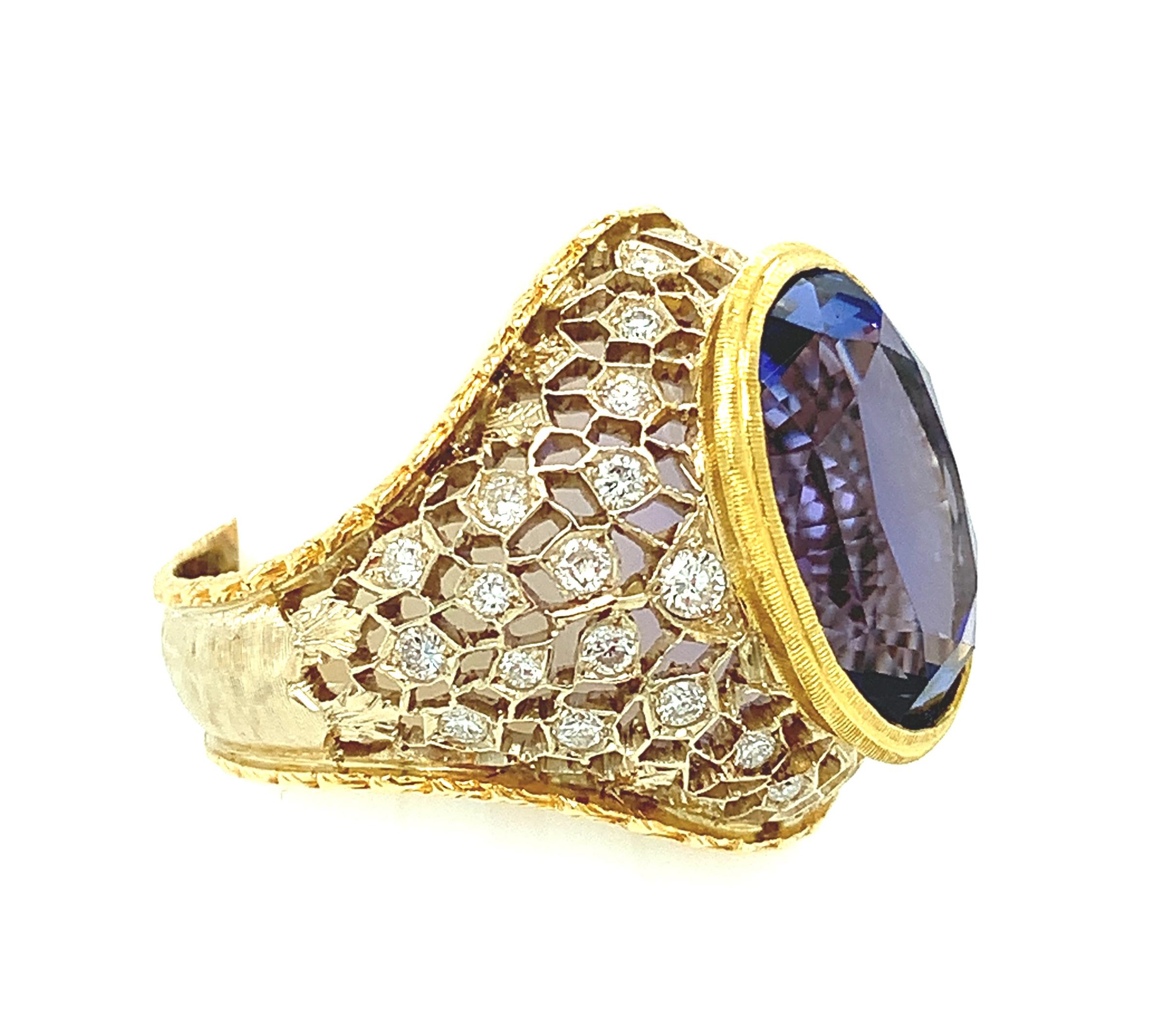 Women's 8.25 Carat Tanzanite and Diamond Florentine Cocktail Ring in 18k Gold For Sale