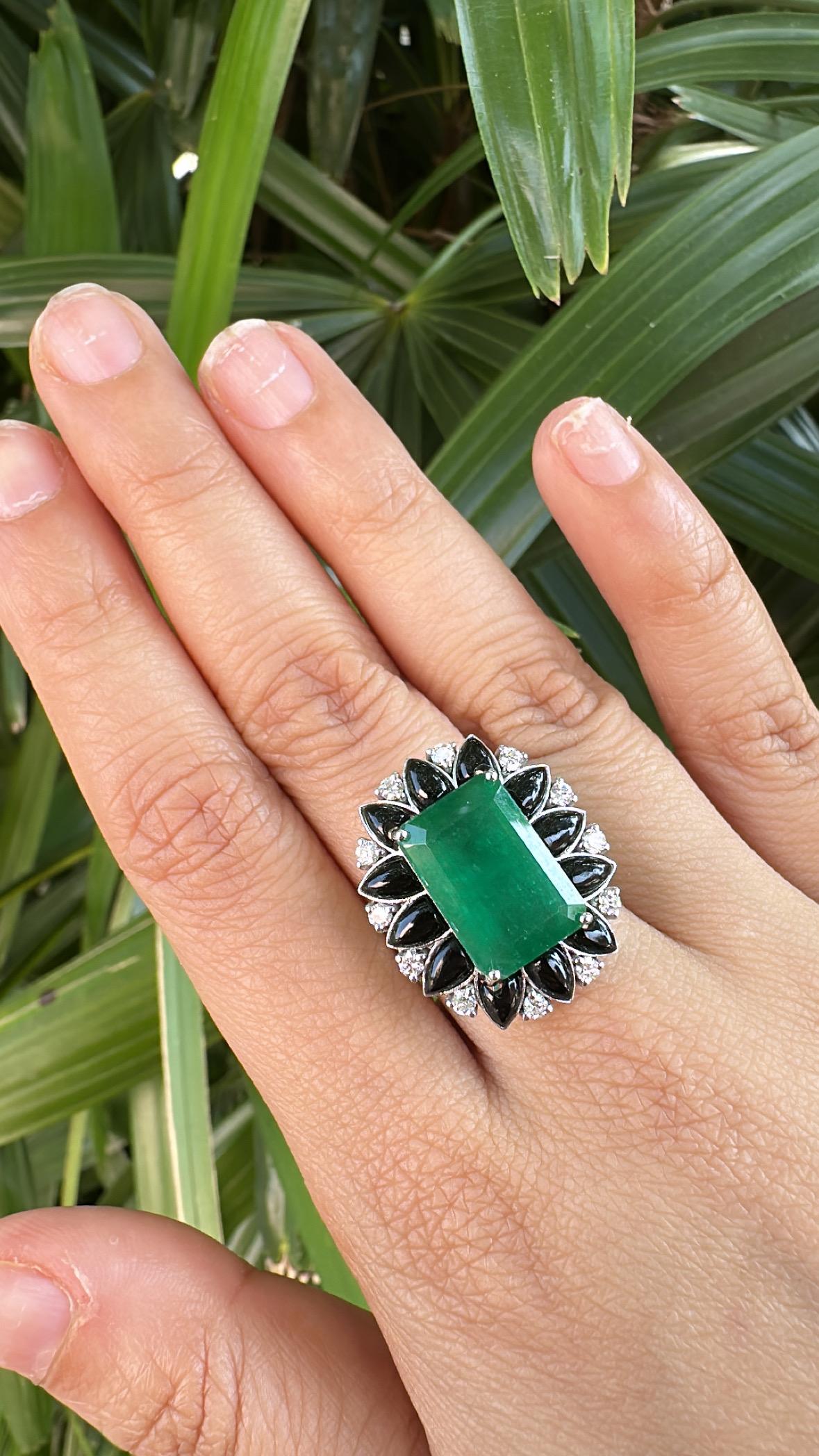 Anello di fidanzamento con smeraldo dello Zambia, onice nera e diamanti da 8,25 carati in oro 18 carati in vendita 5