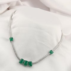 8.25 Ct Zambian Emerald 3.5 Ct Diamond Tennis Necklace For Women 18K White Gold