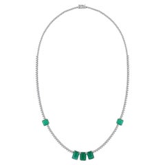 8.25 Ct Zambian Emerald 3.5 Ct Diamond Tennis Necklace For Women 18K White Gold