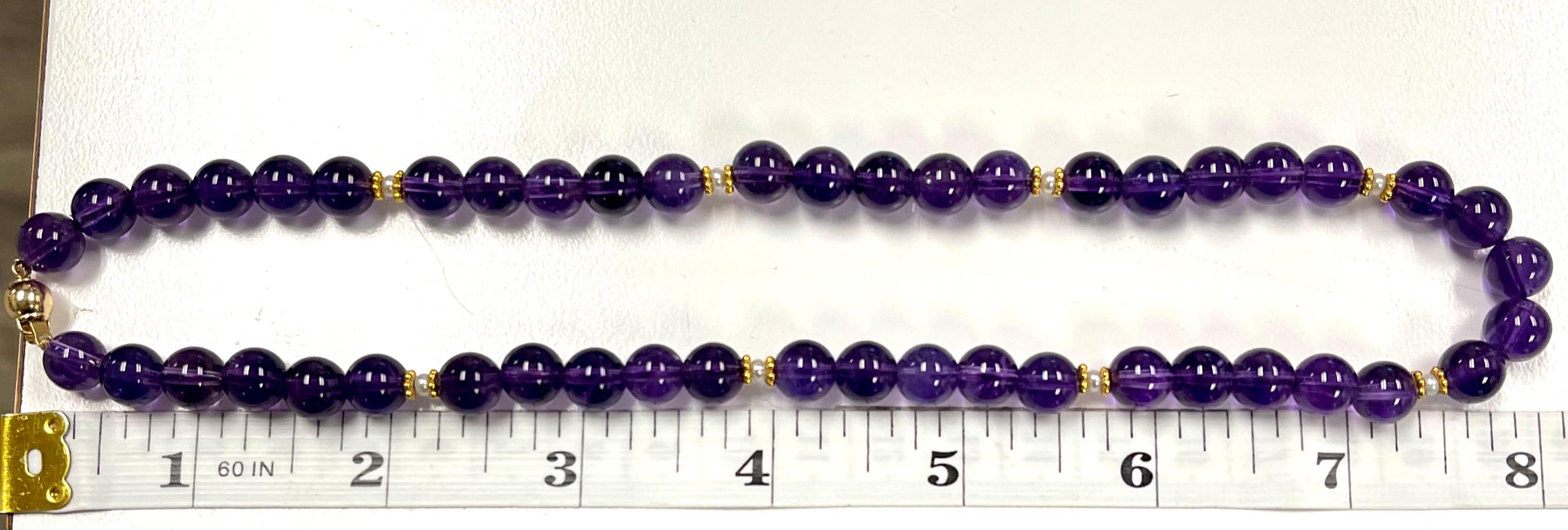 8.25mm Round Amethyst Beaded Necklace with Seed Pearls and Yellow Gold Accents In New Condition For Sale In Los Angeles, CA