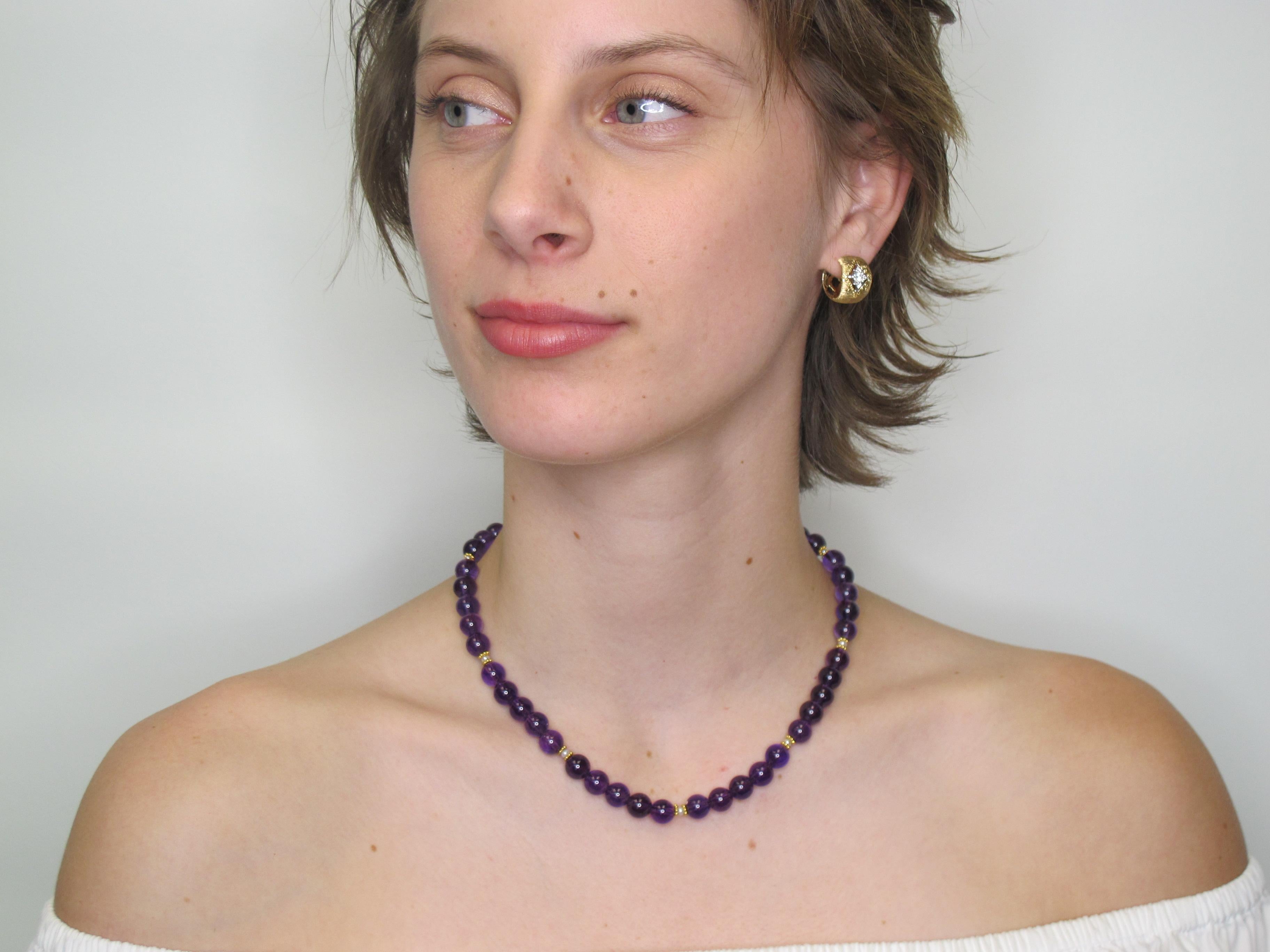 Women's 8.25mm Round Amethyst Beaded Necklace with Seed Pearls and Yellow Gold Accents For Sale