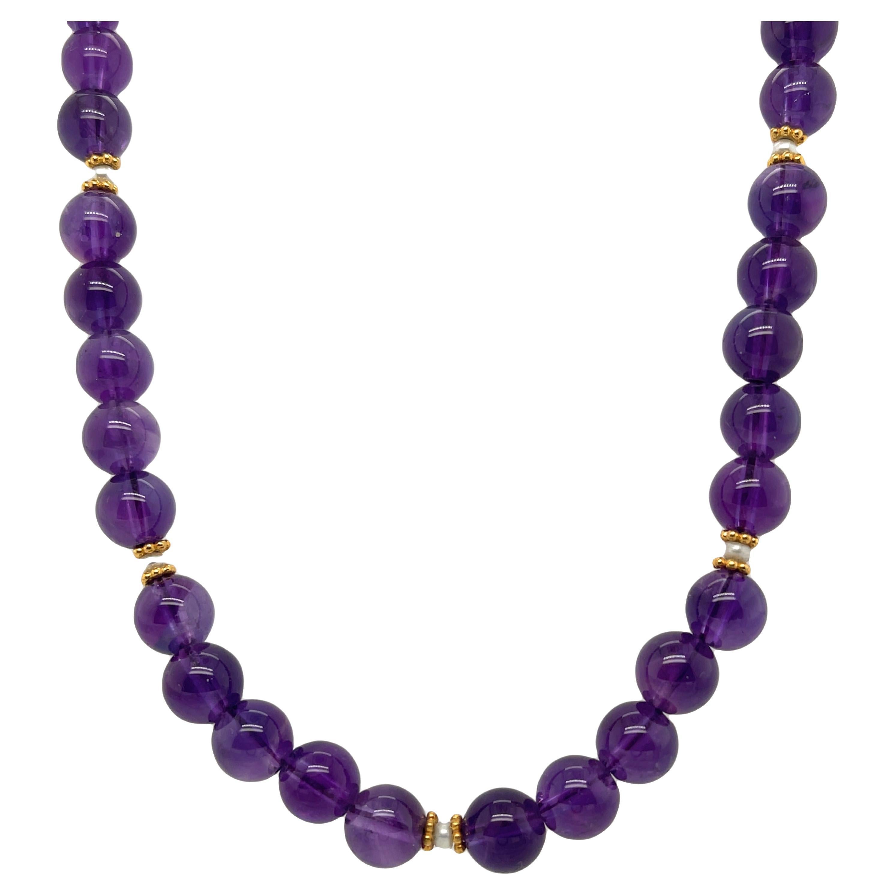 8.25mm Round Amethyst Beaded Necklace with Seed Pearls and Yellow Gold Accents  For Sale