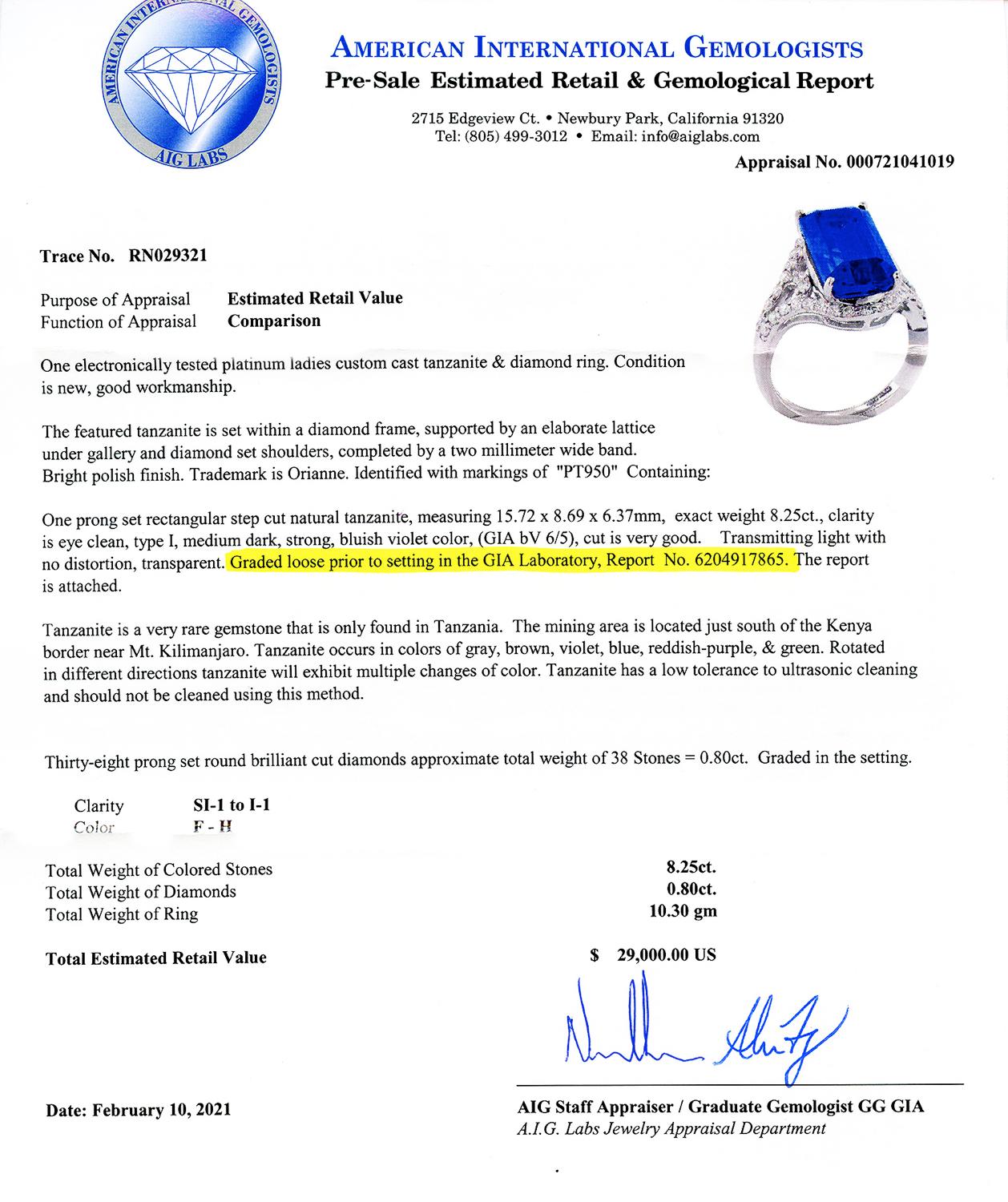 8.25ct Tanzanite and 0.80ctw Diamond Platinum Ring 'GIA Certified' In New Condition For Sale In Calabasas, CA