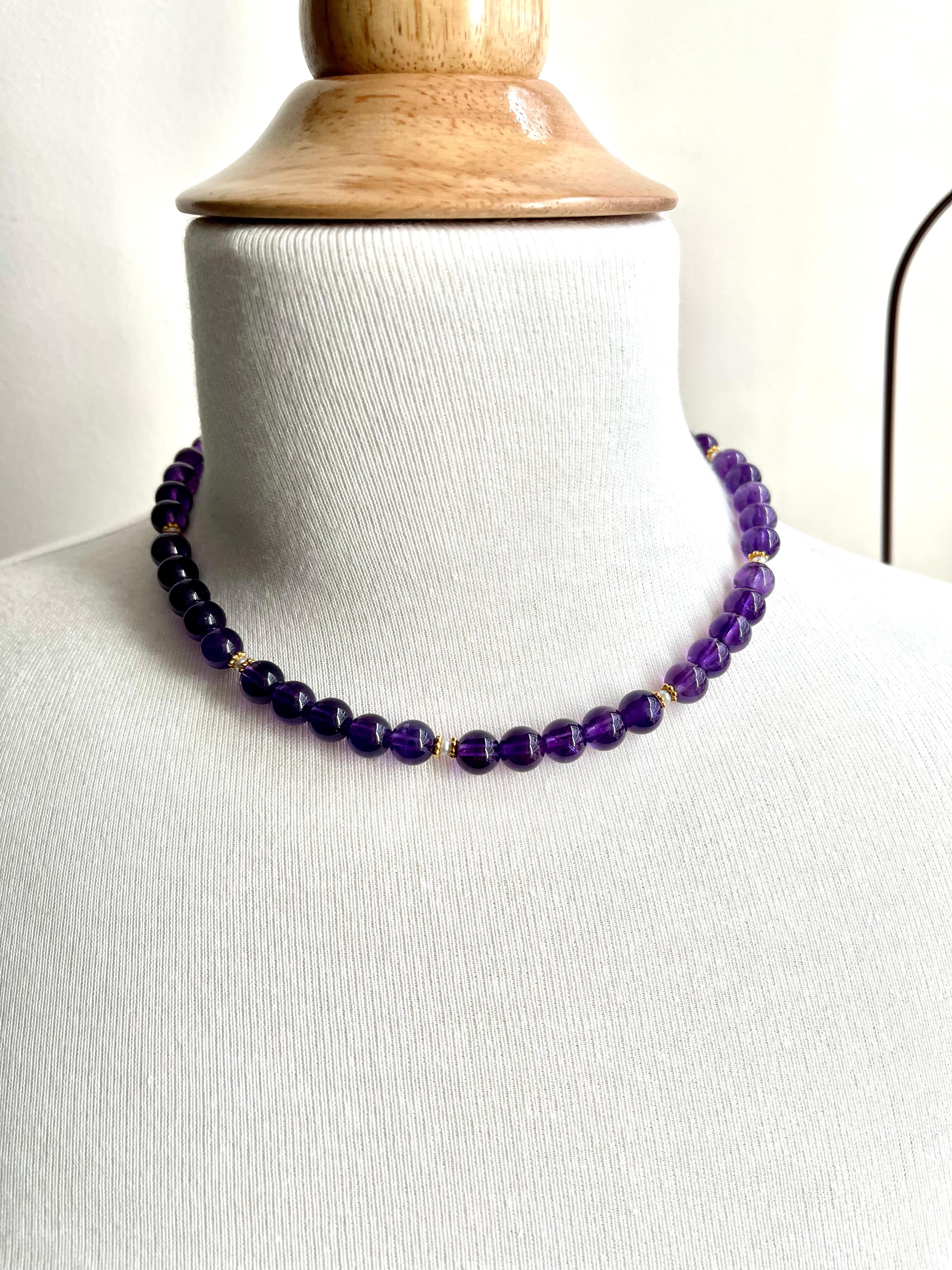 Artisan 8.25mm Round Amethyst Beaded Necklace with Seed Pearls and Yellow Gold Accents  For Sale