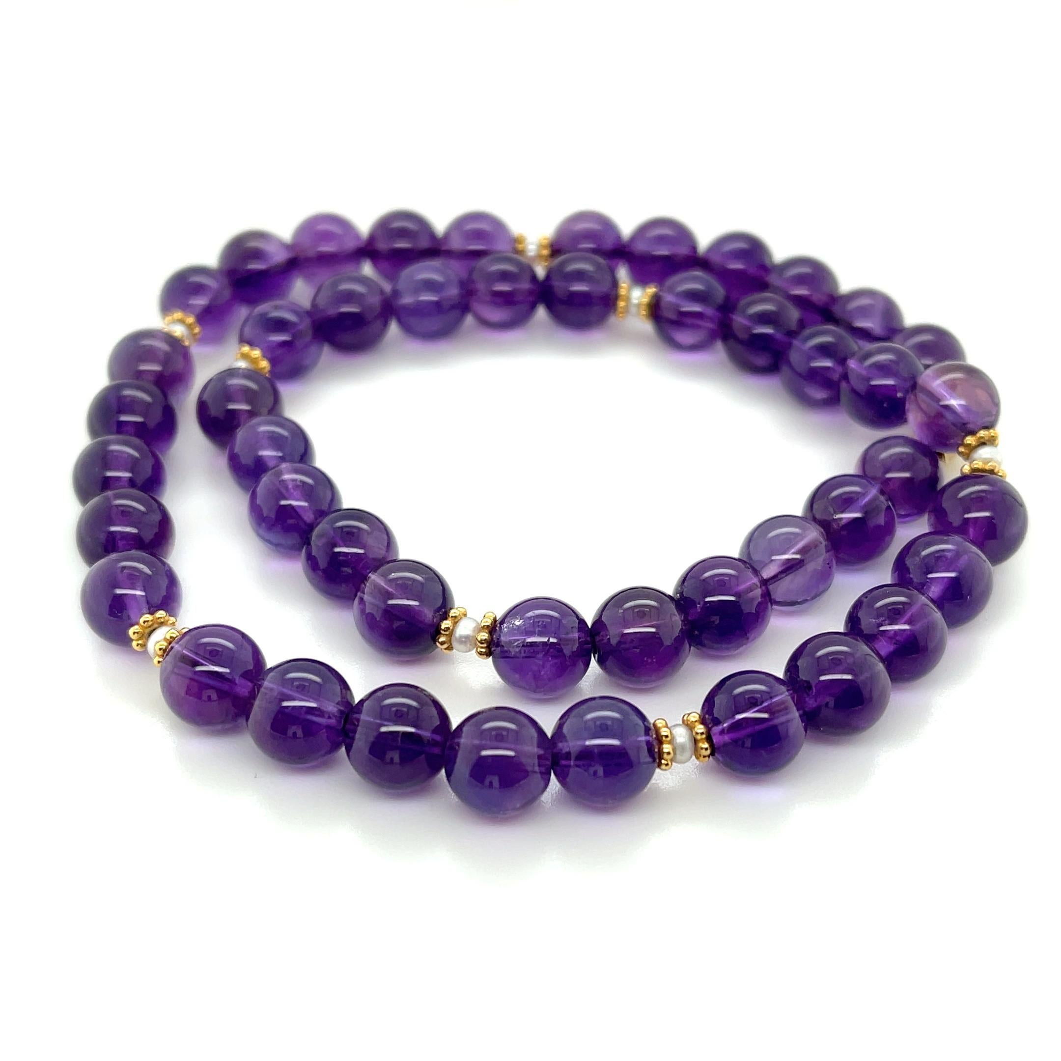 Artisan 8.25mm Round Amethyst Beaded Necklace with Seed Pearls and Yellow Gold Accents For Sale