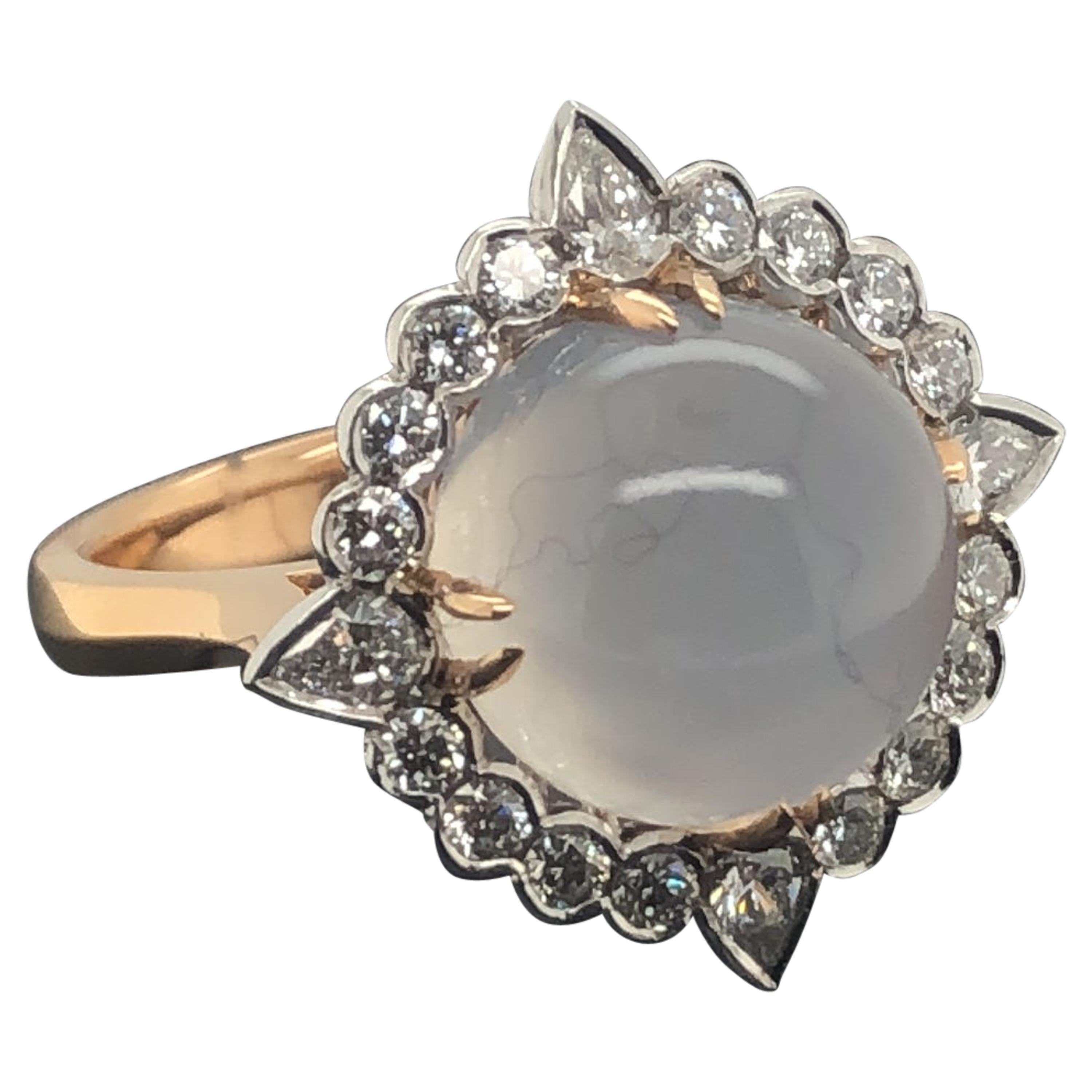 8.26 Carat Round Moonstone and White Diamond Ring Set in 18 Carat Gold For Sale