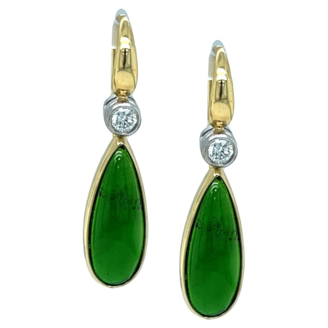 8.26 Carat Total Chrome Diopside Dangle Earrings in Gold with Diamonds For Sale