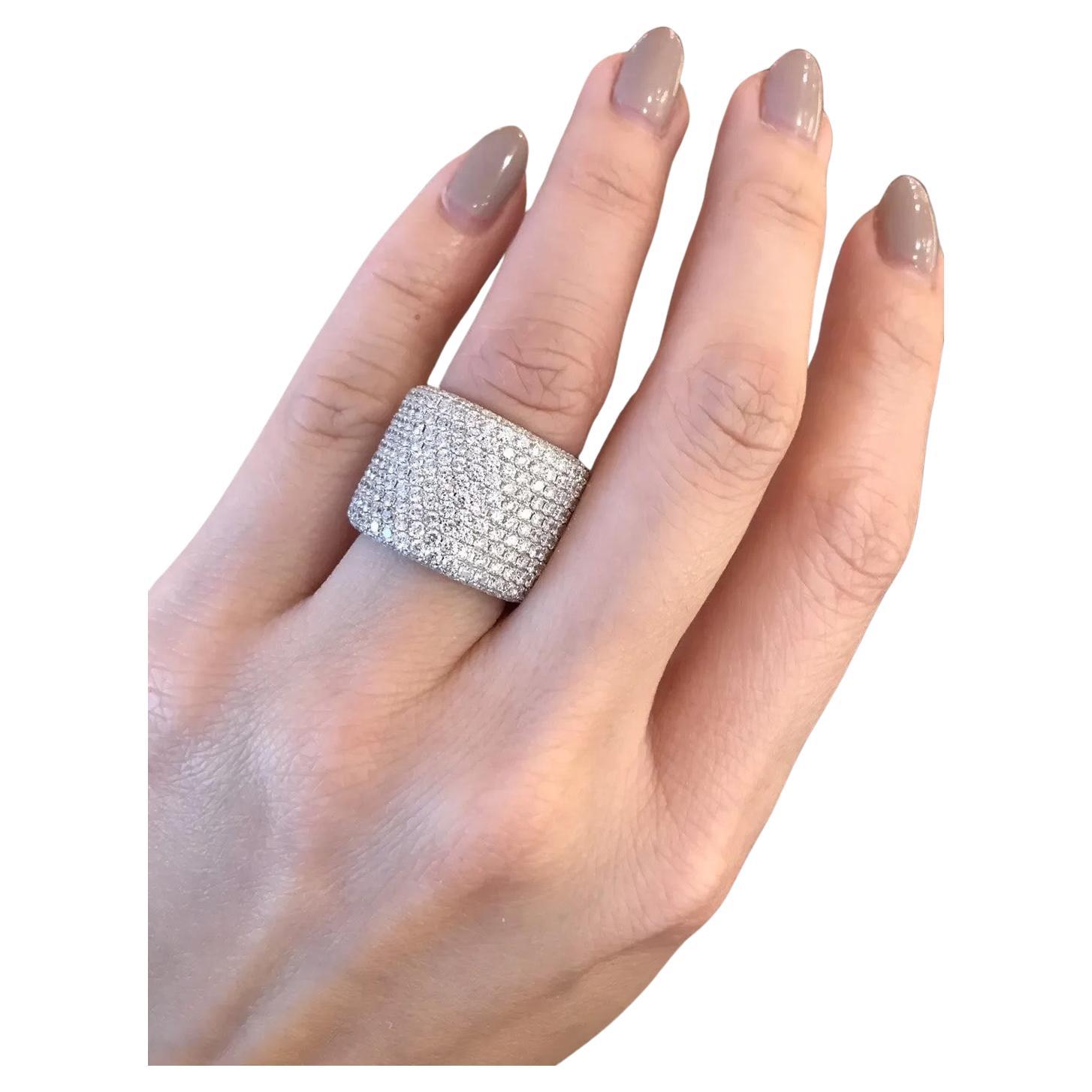 Round Cut 8.26 Carats Twelve Row Wide Diamond Eternity Cigar Band Ring 18k White Gold For Sale