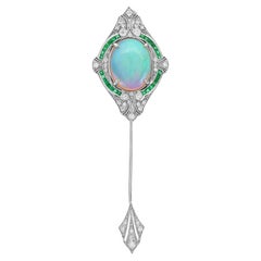 8.26 Ct. Ethiopian Opal Emerald Diamond Art Deco Style Brooch in 18K White Gold