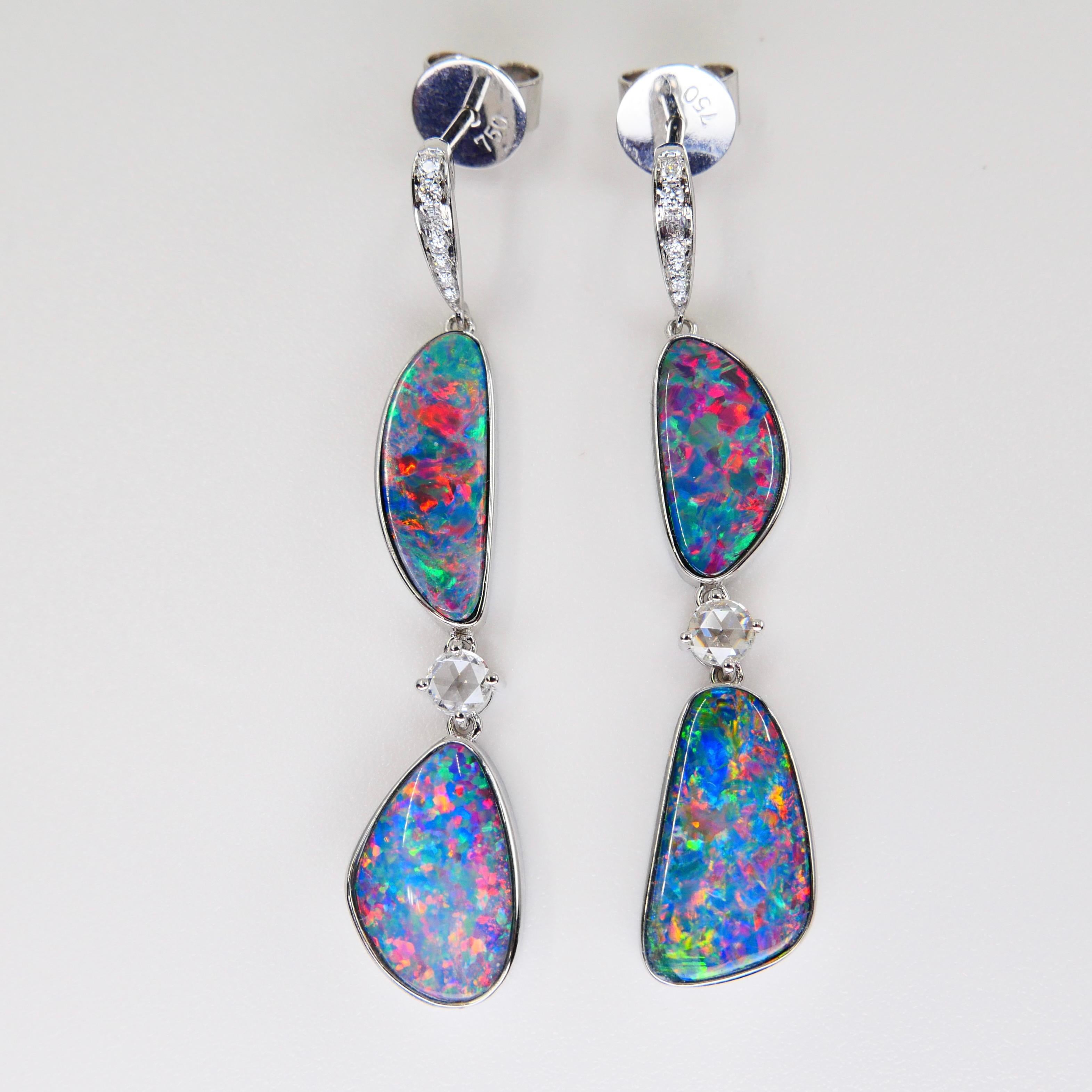 8.26 CTW Au Opal, Rose Cut Diamond Earrings, Impressive Play of Colors For Sale 4