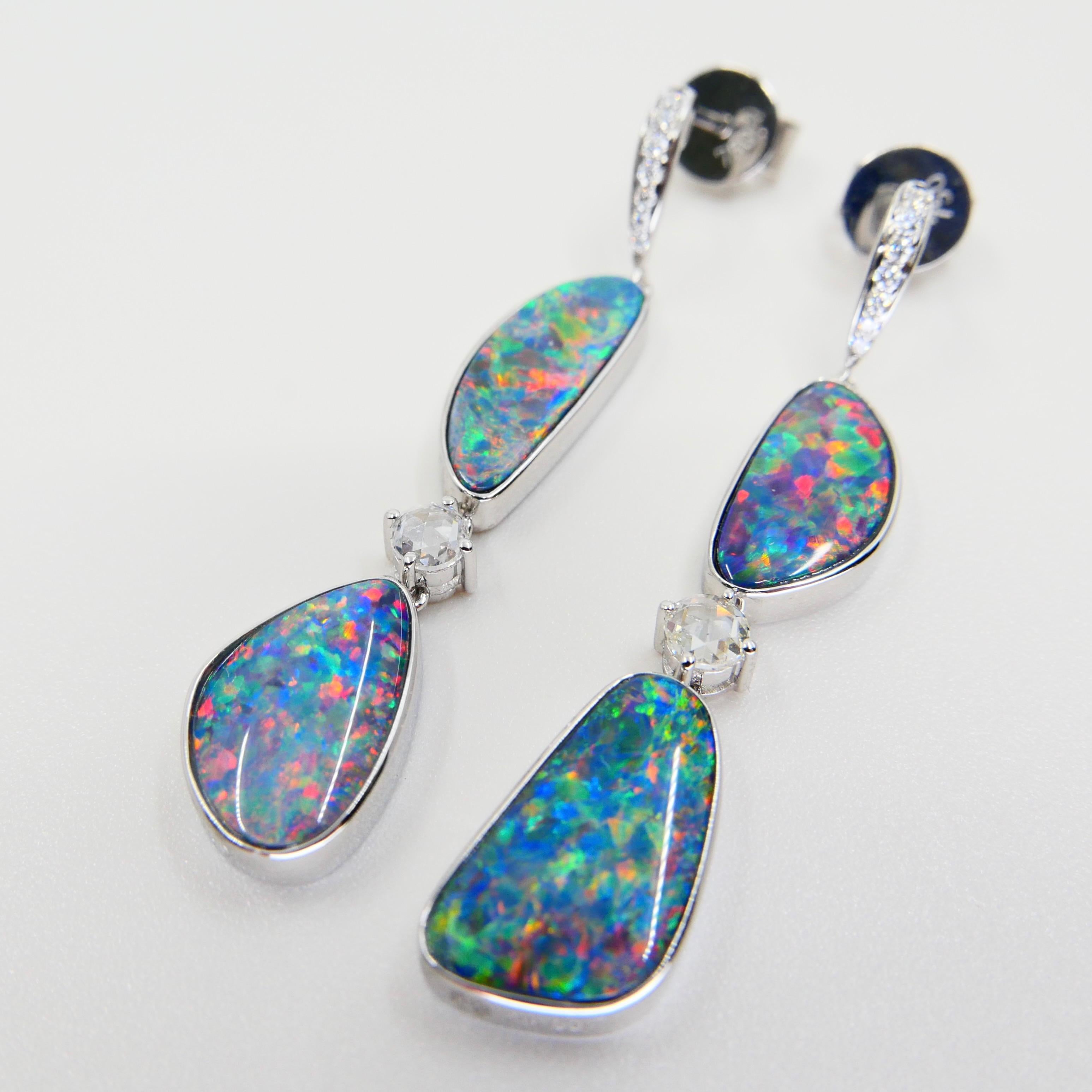 8.26 CTW Au Opal, Rose Cut Diamond Earrings, Impressive Play of Colors For Sale 6