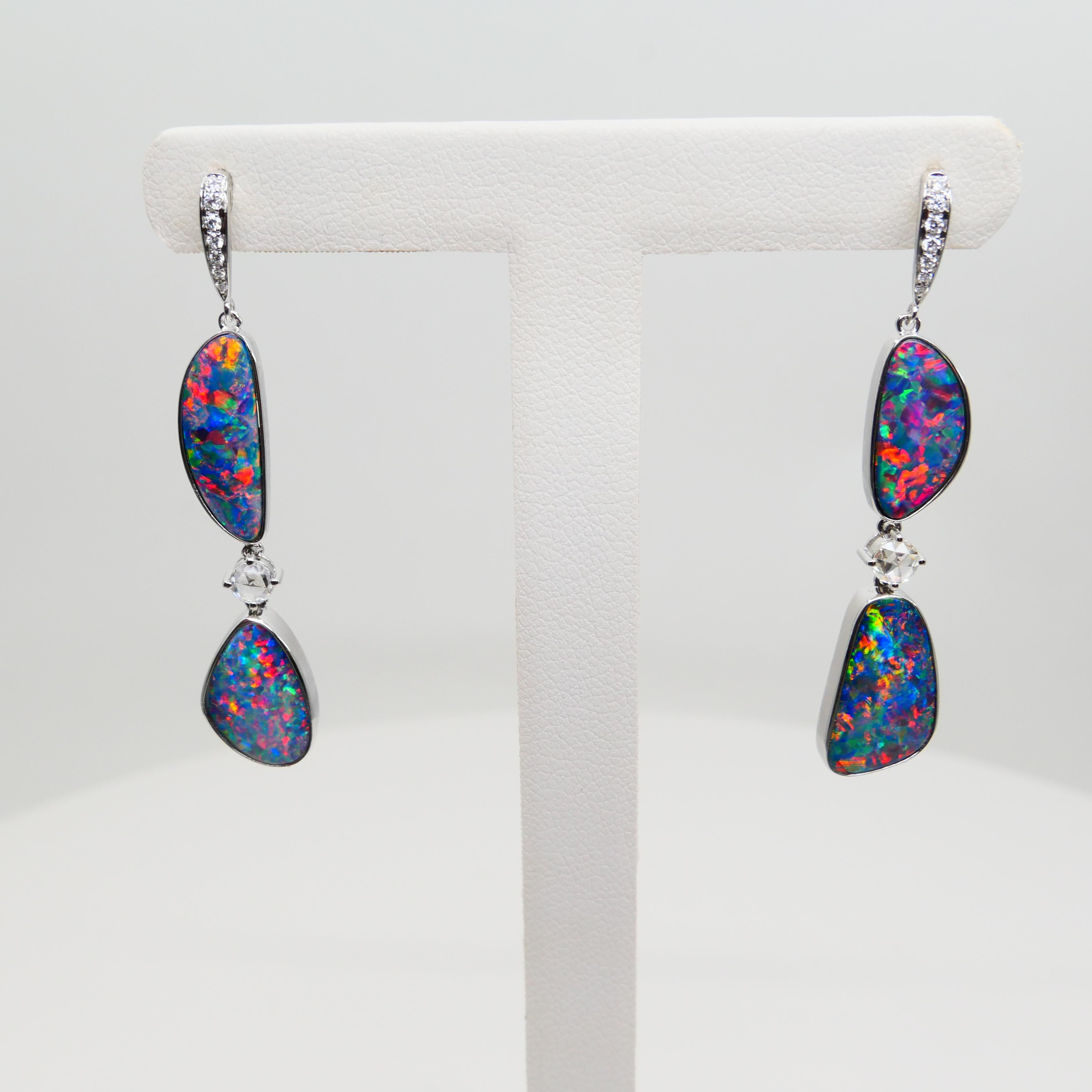 8.26 CTW Au Opal, Rose Cut Diamond Earrings, Impressive Play of Colors For Sale 7