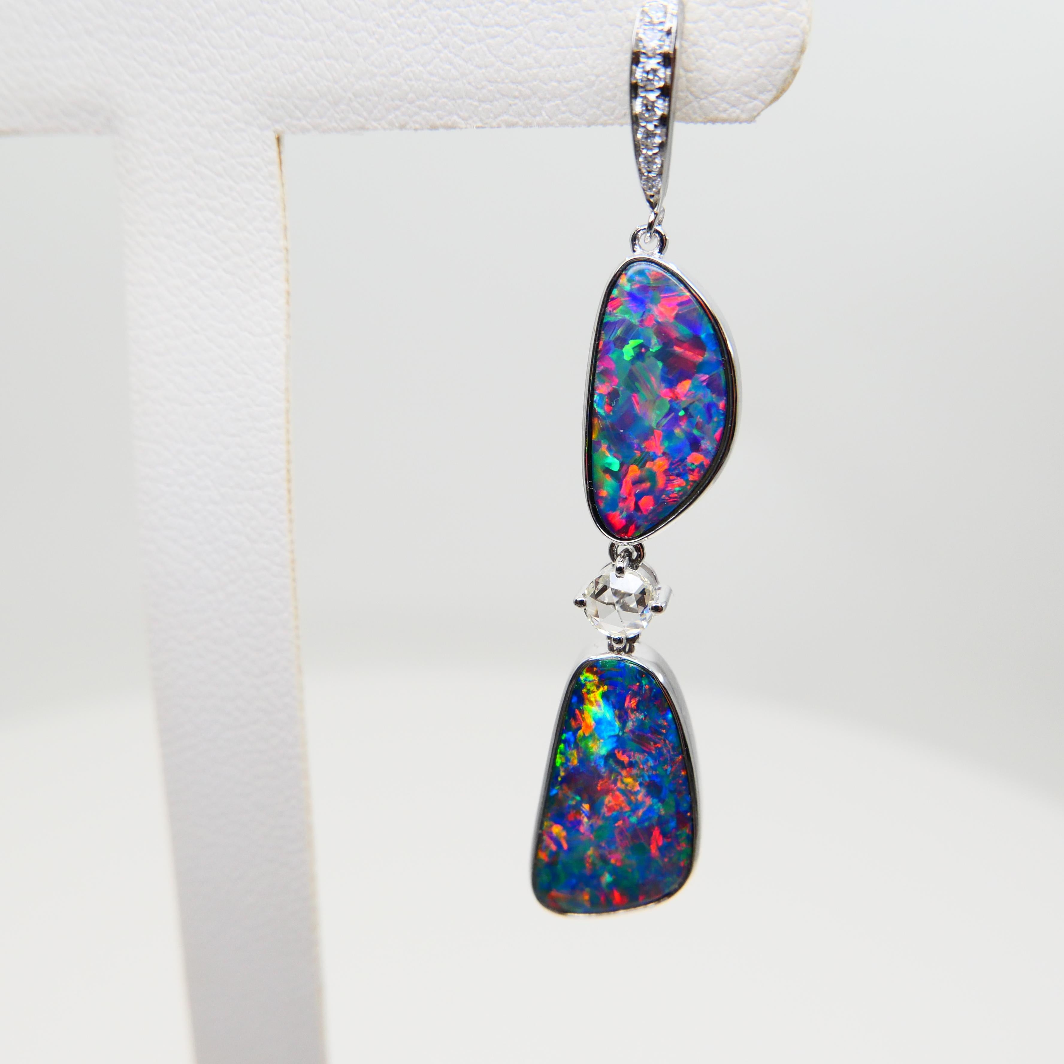 8.26 CTW Au Opal, Rose Cut Diamond Earrings, Impressive Play of Colors For Sale 9