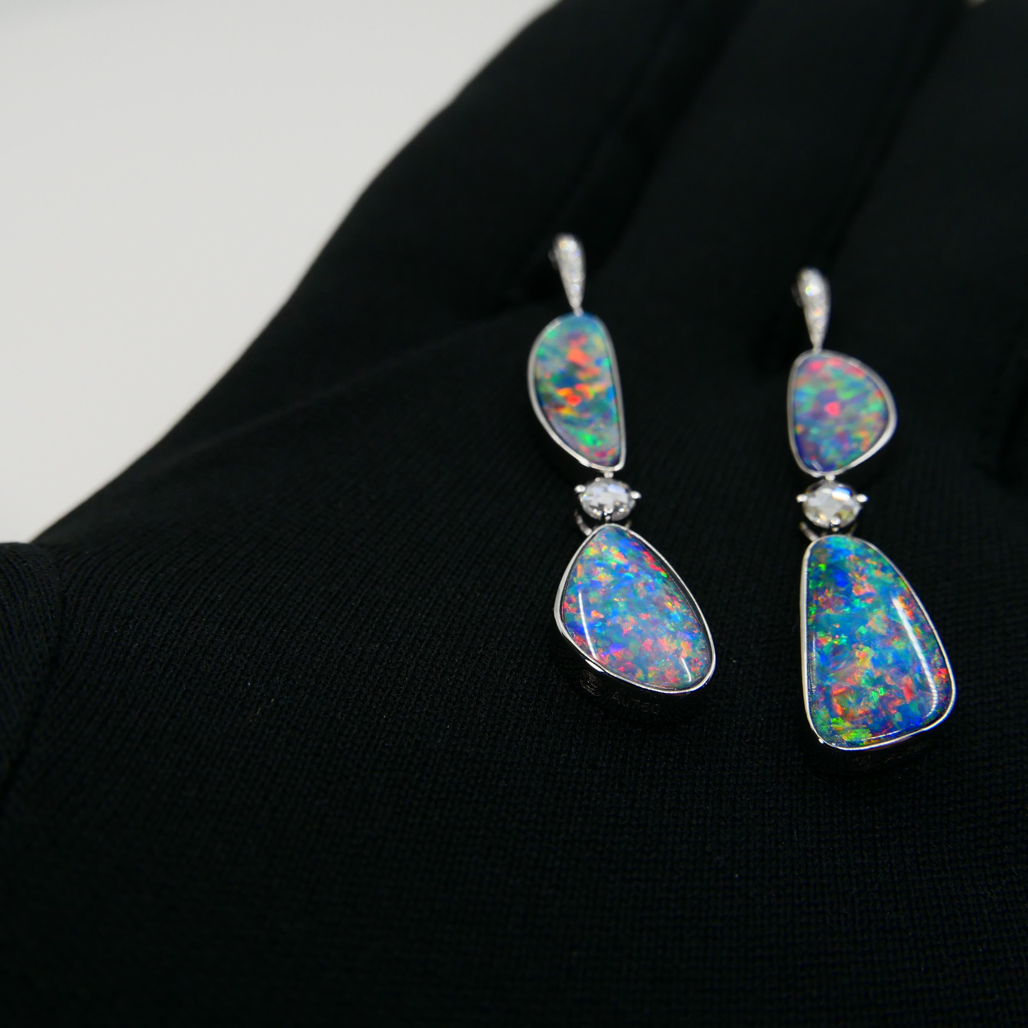 8.26 CTW Au Opal, Rose Cut Diamond Earrings, Impressive Play of Colors For Sale 11