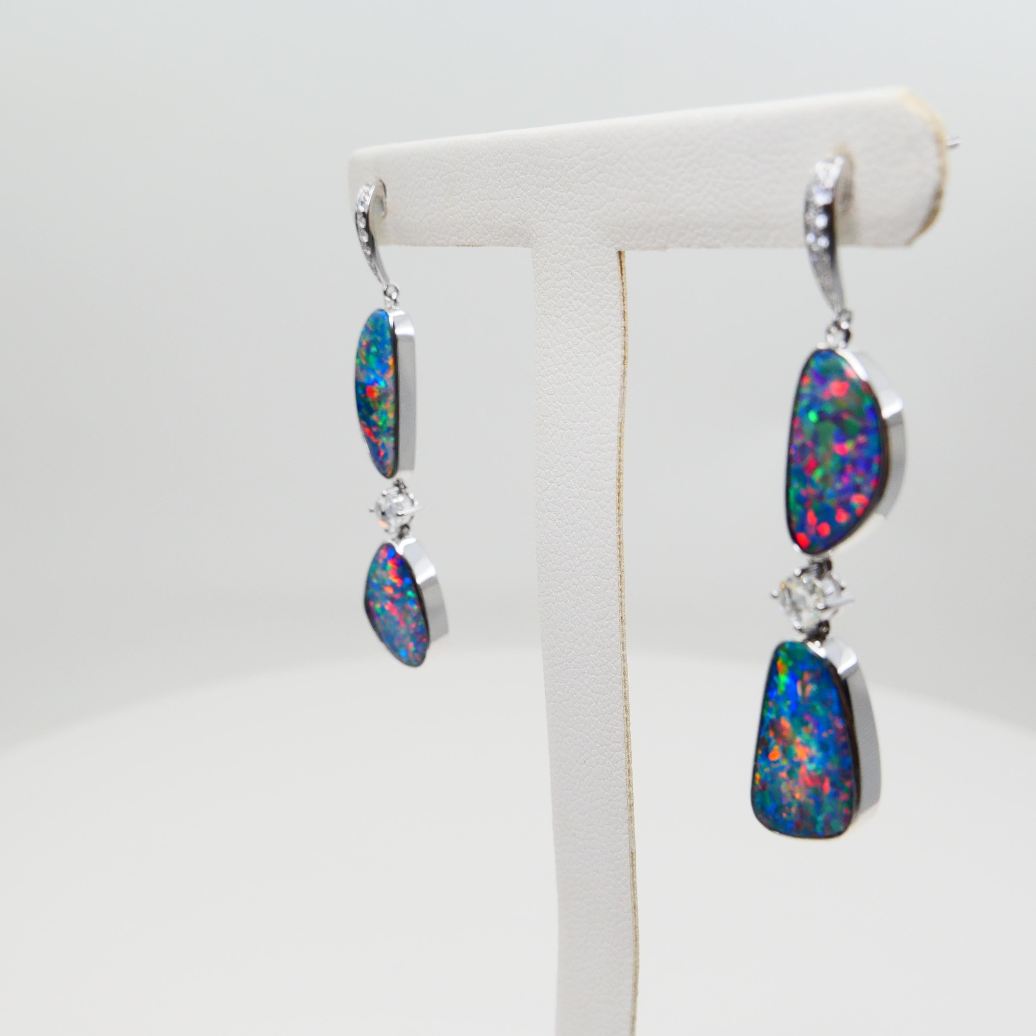 8.26 CTW Au Opal, Rose Cut Diamond Earrings, Impressive Play of Colors For Sale 12