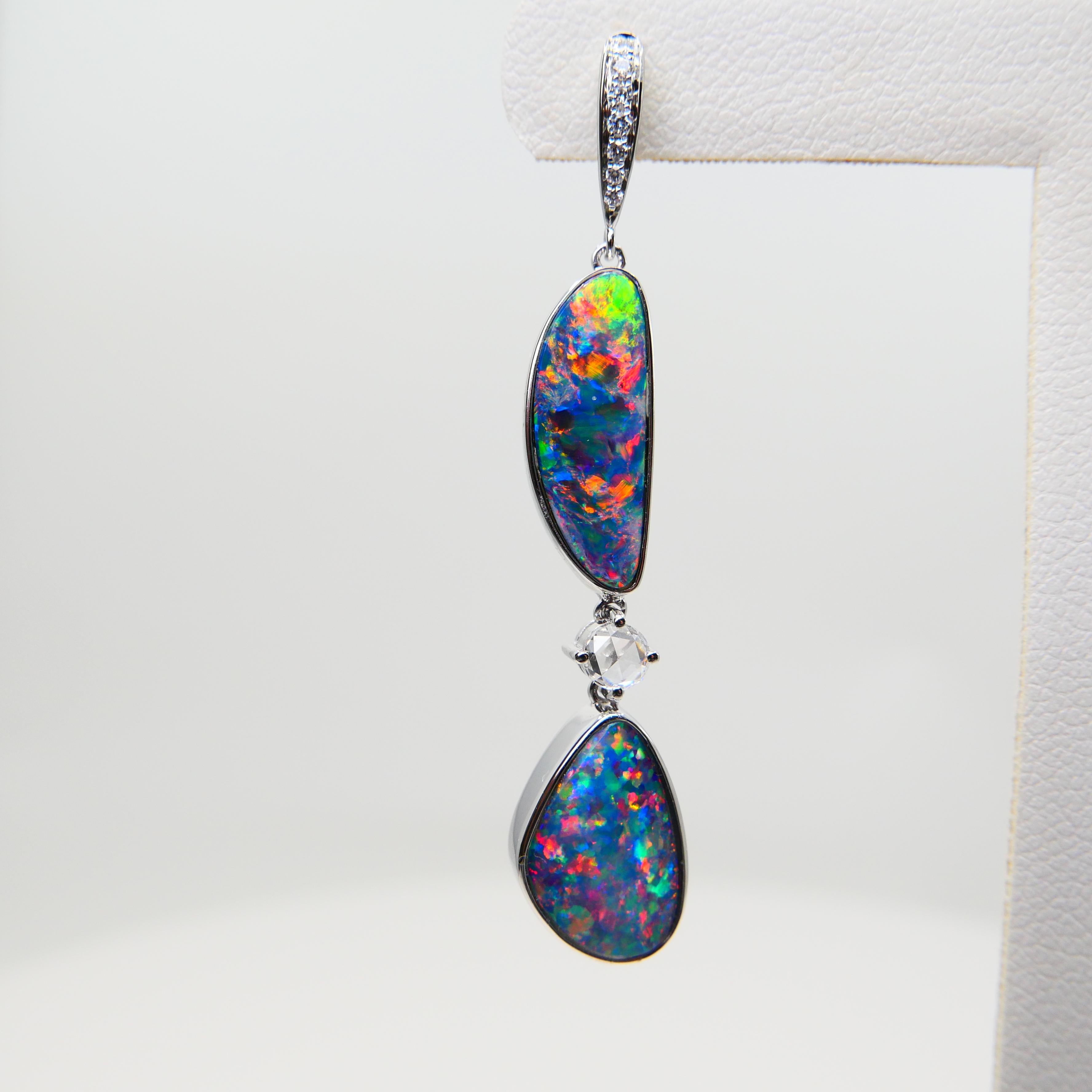 8.26 CTW Au Opal, Rose Cut Diamond Earrings, Impressive Play of Colors For Sale 13
