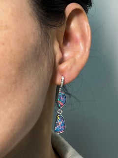 8.26 CTW Au Opal, Rose Cut Diamond Earrings, Impressive Play of Colors