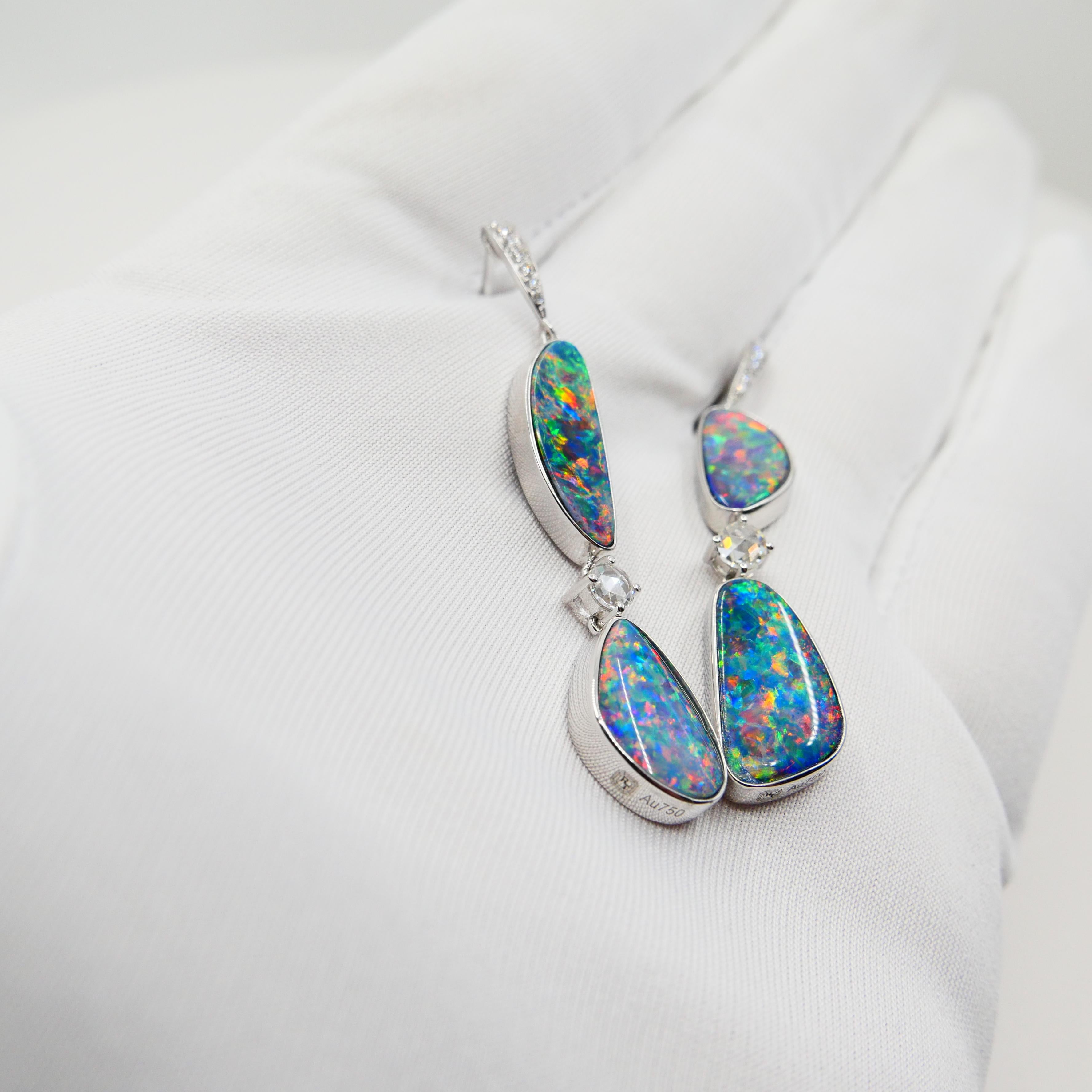 8.26 CTW Au Opal, Rose Cut Diamond Earrings, Impressive Play of Colors For Sale 14