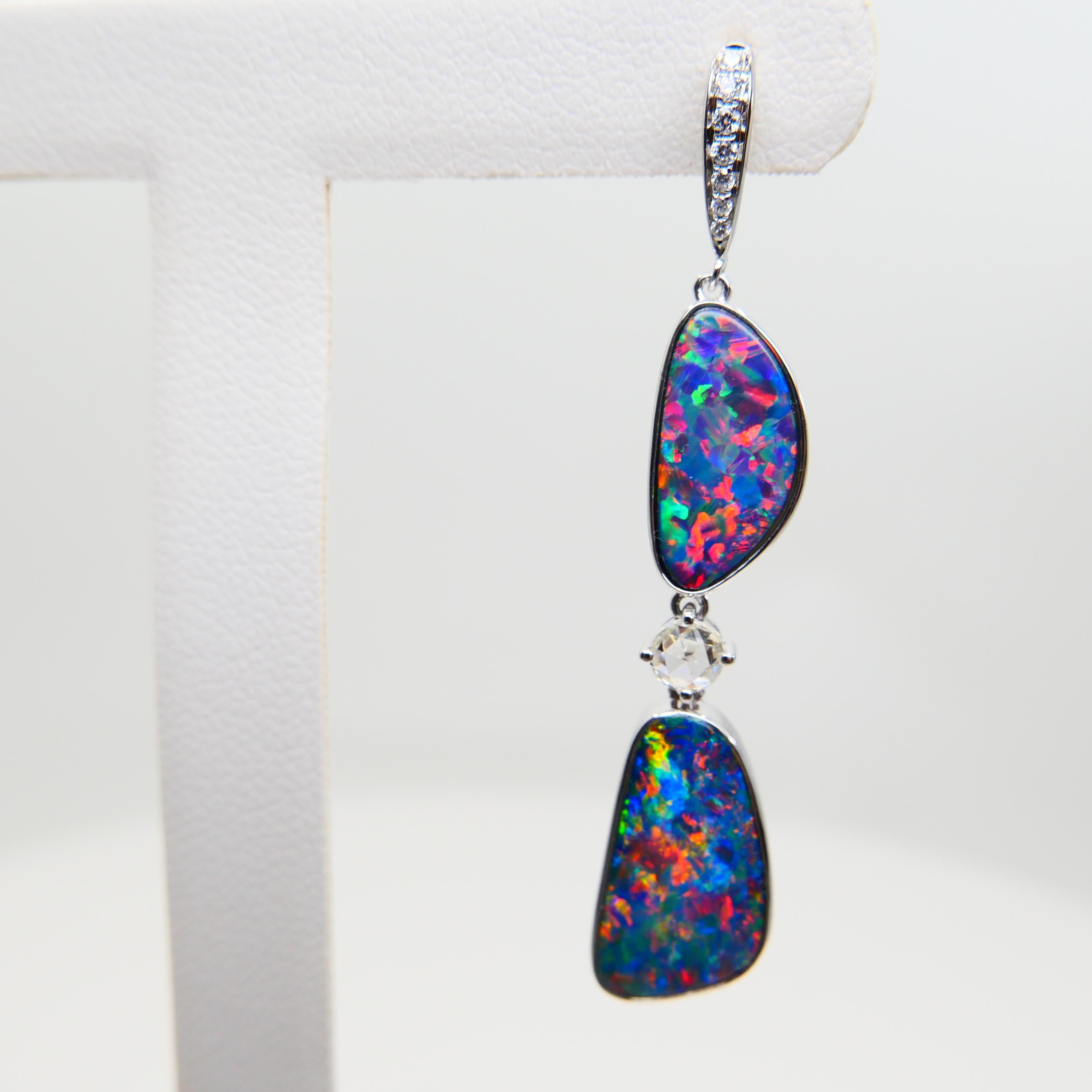 8.26 CTW Au Opal, Rose Cut Diamond Earrings, Impressive Play of Colors In New Condition For Sale In Hong Kong, HK