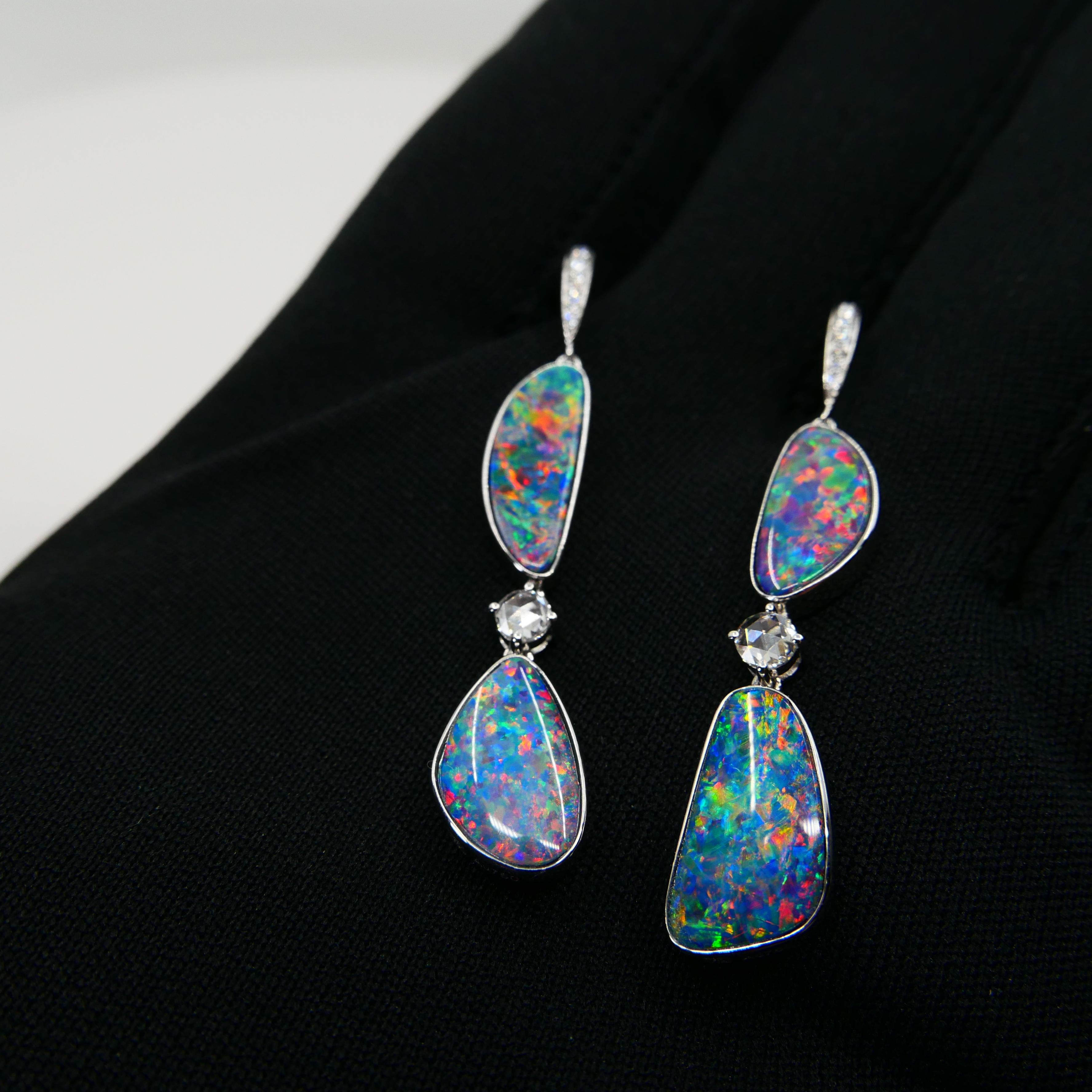 Women's 8.26 CTW Au Opal, Rose Cut Diamond Earrings, Impressive Play of Colors For Sale