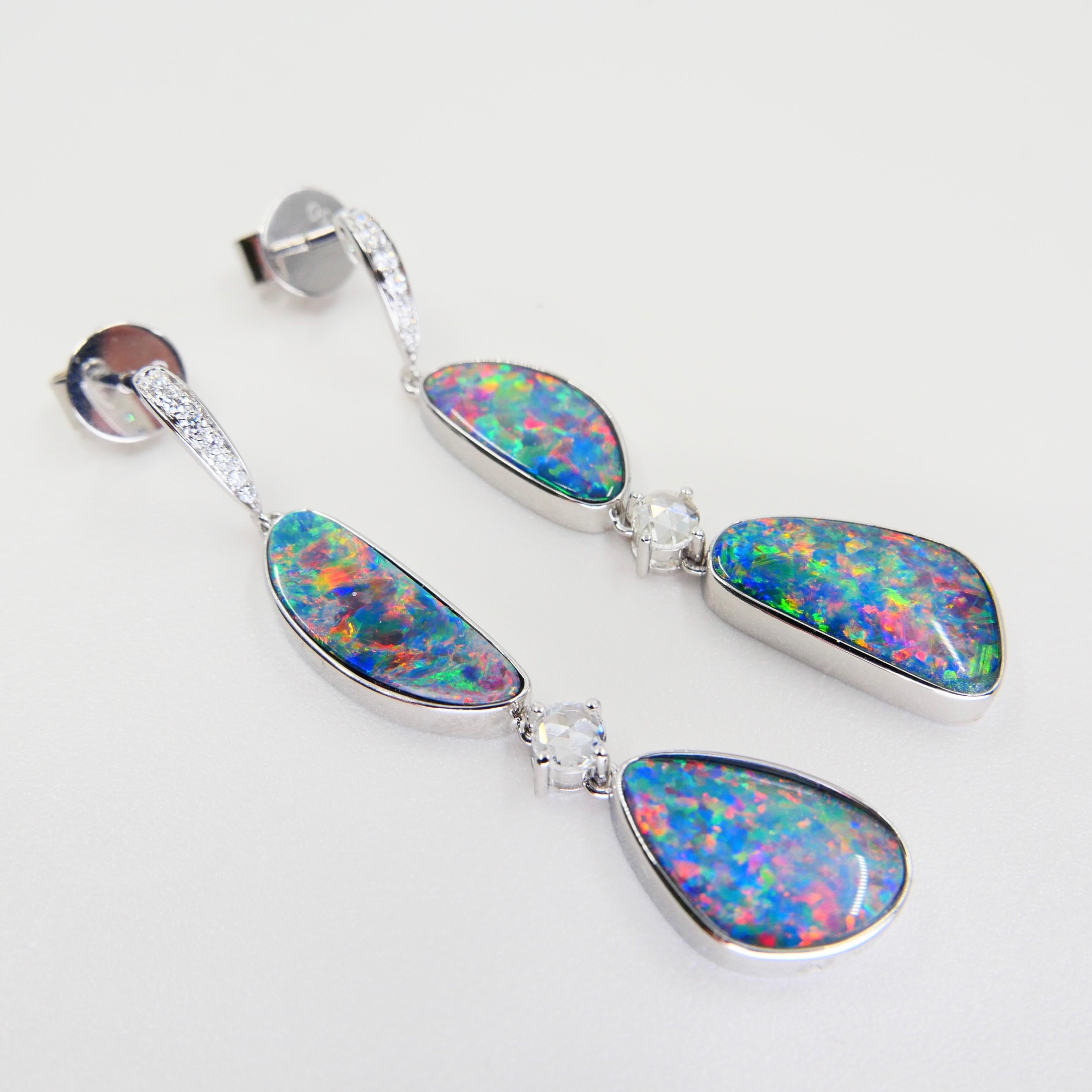 8.26 CTW Au Opal, Rose Cut Diamond Earrings, Impressive Play of Colors For Sale 1