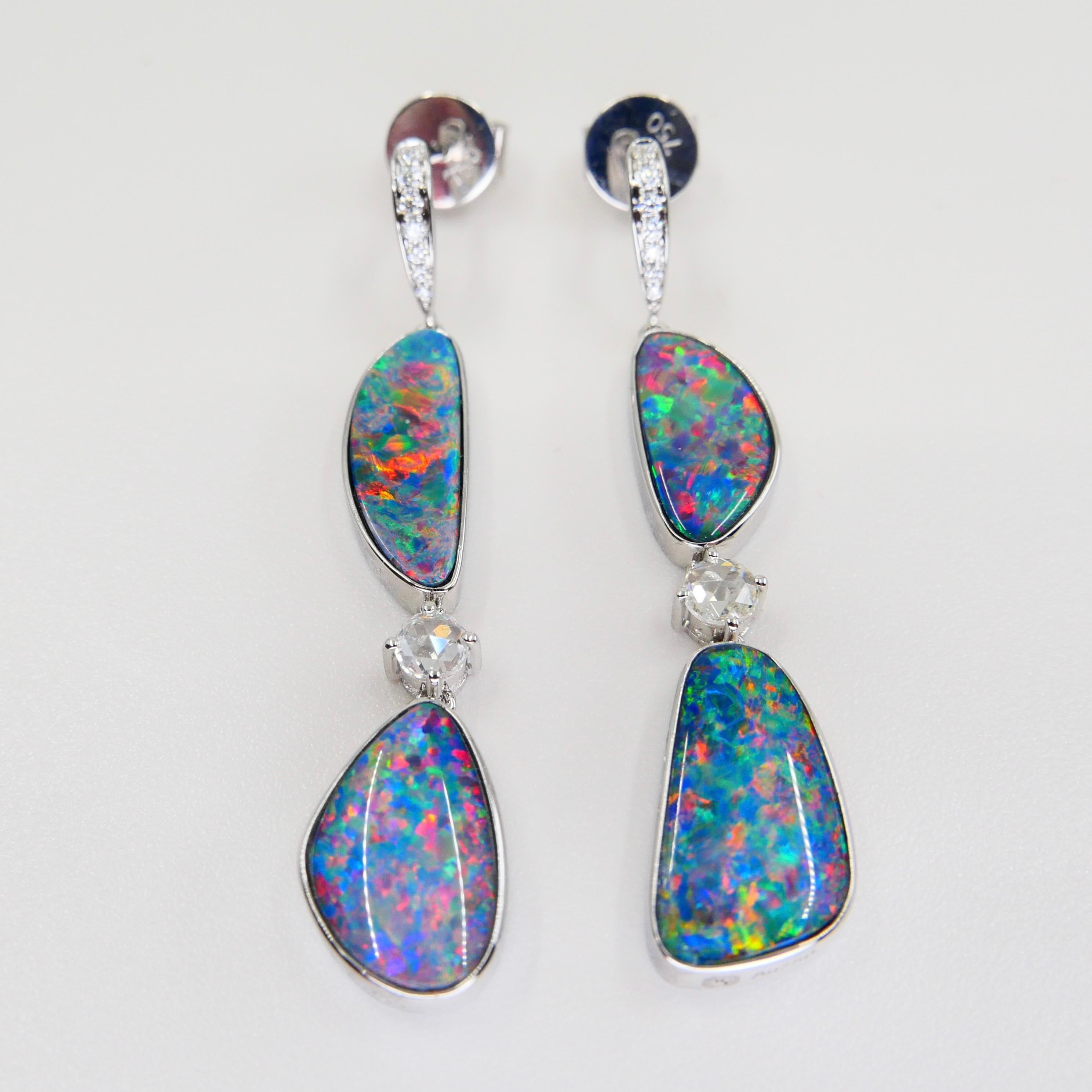 8.26 CTW Au Opal, Rose Cut Diamond Earrings, Impressive Play of Colors For Sale 2