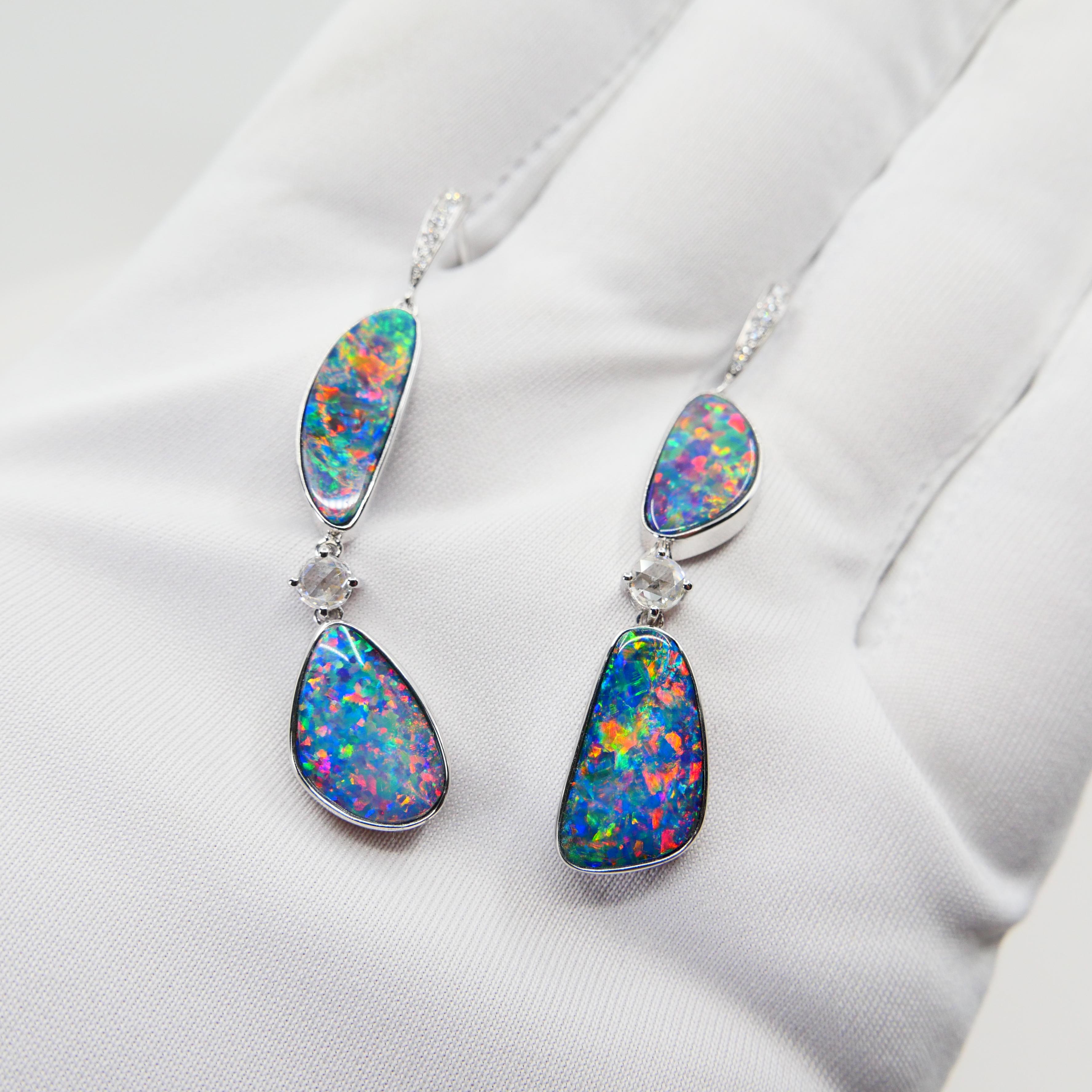 8.26 CTW Au Opal, Rose Cut Diamond Earrings, Impressive Play of Colors For Sale 3