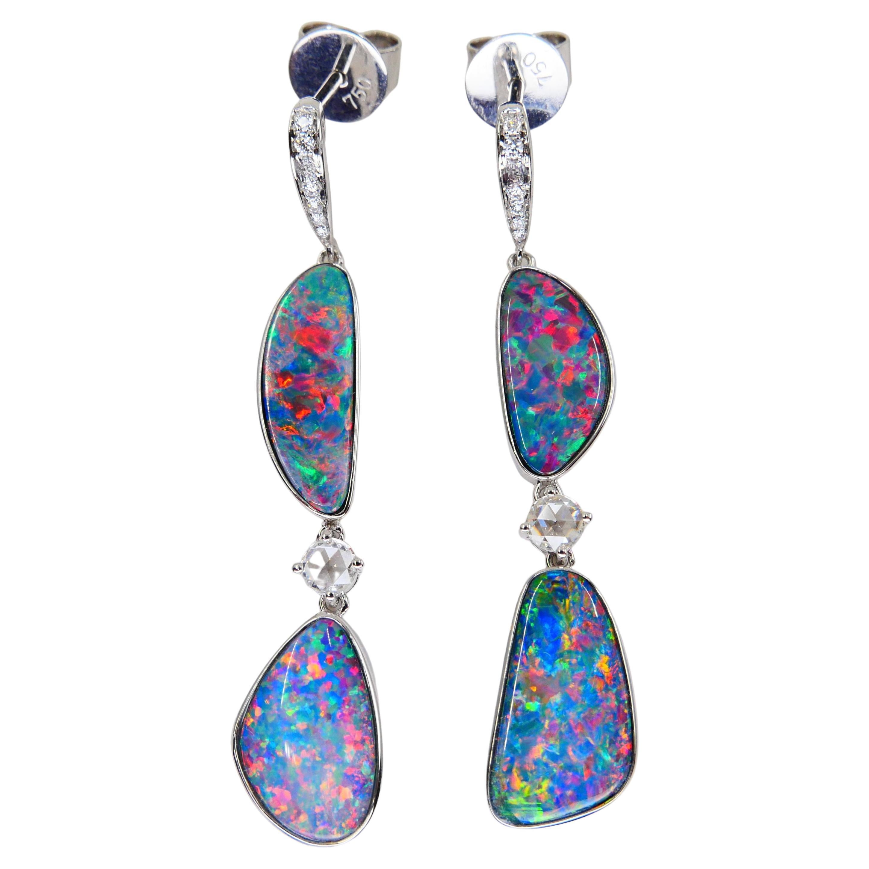 8.26 CTW Au Opal, Rose Cut Diamond Earrings, Impressive Play of Colors
