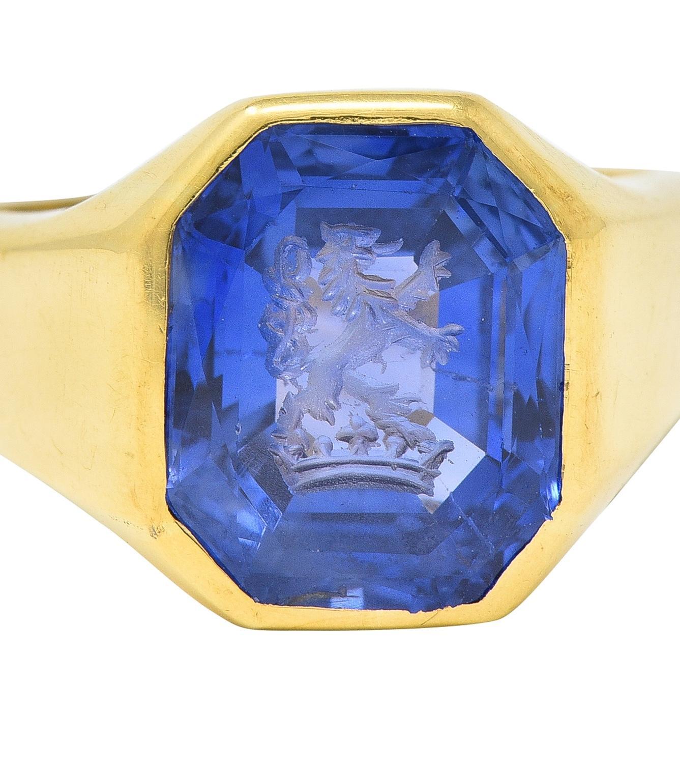 Retro 8.26 CTW No Heat Ceylon Sapphire 18K Gold Lion Crown Unisex Intaglio Ring  For Sale