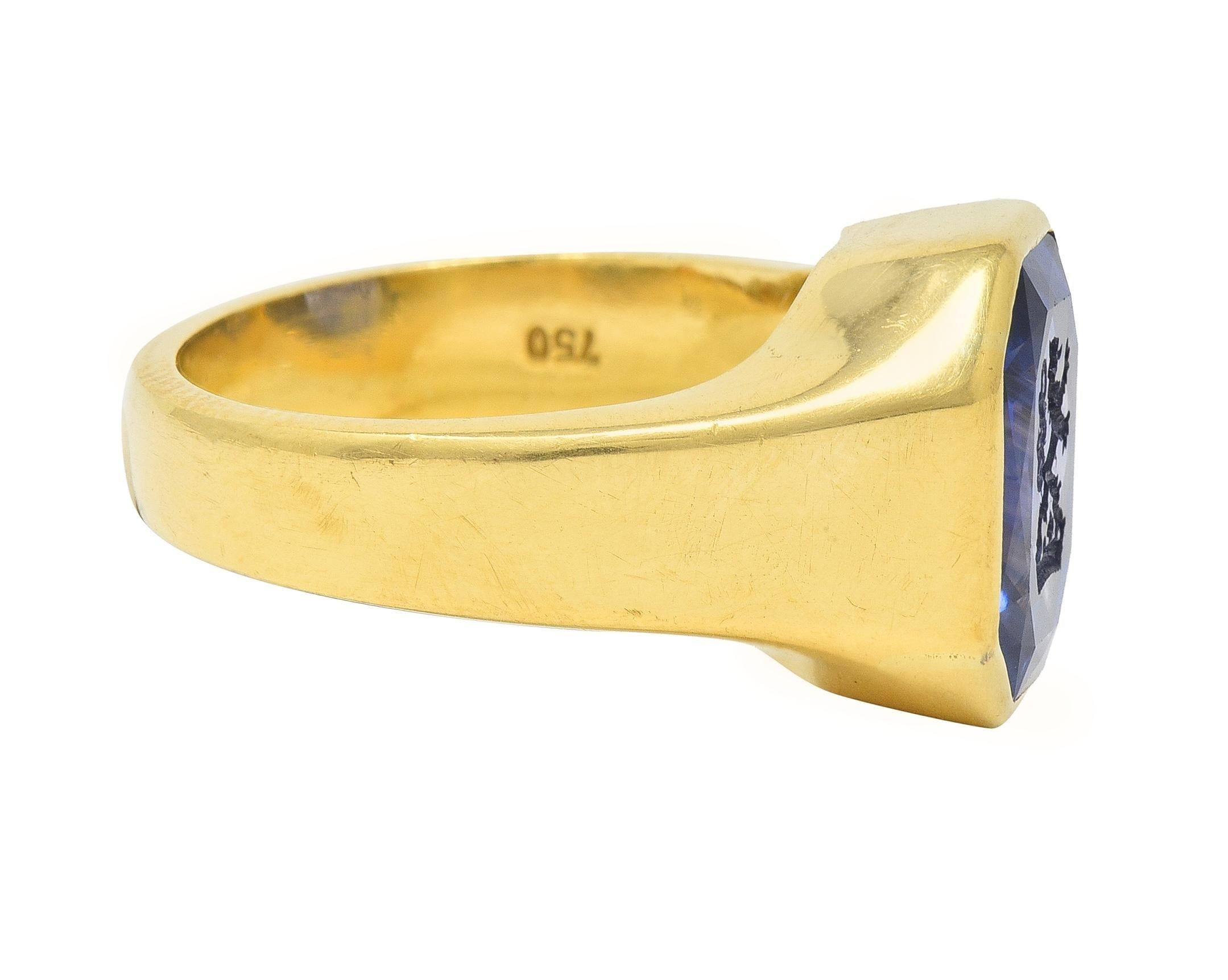 Round Cut 8.26 CTW No Heat Ceylon Sapphire 18K Gold Lion Crown Unisex Intaglio Ring  For Sale