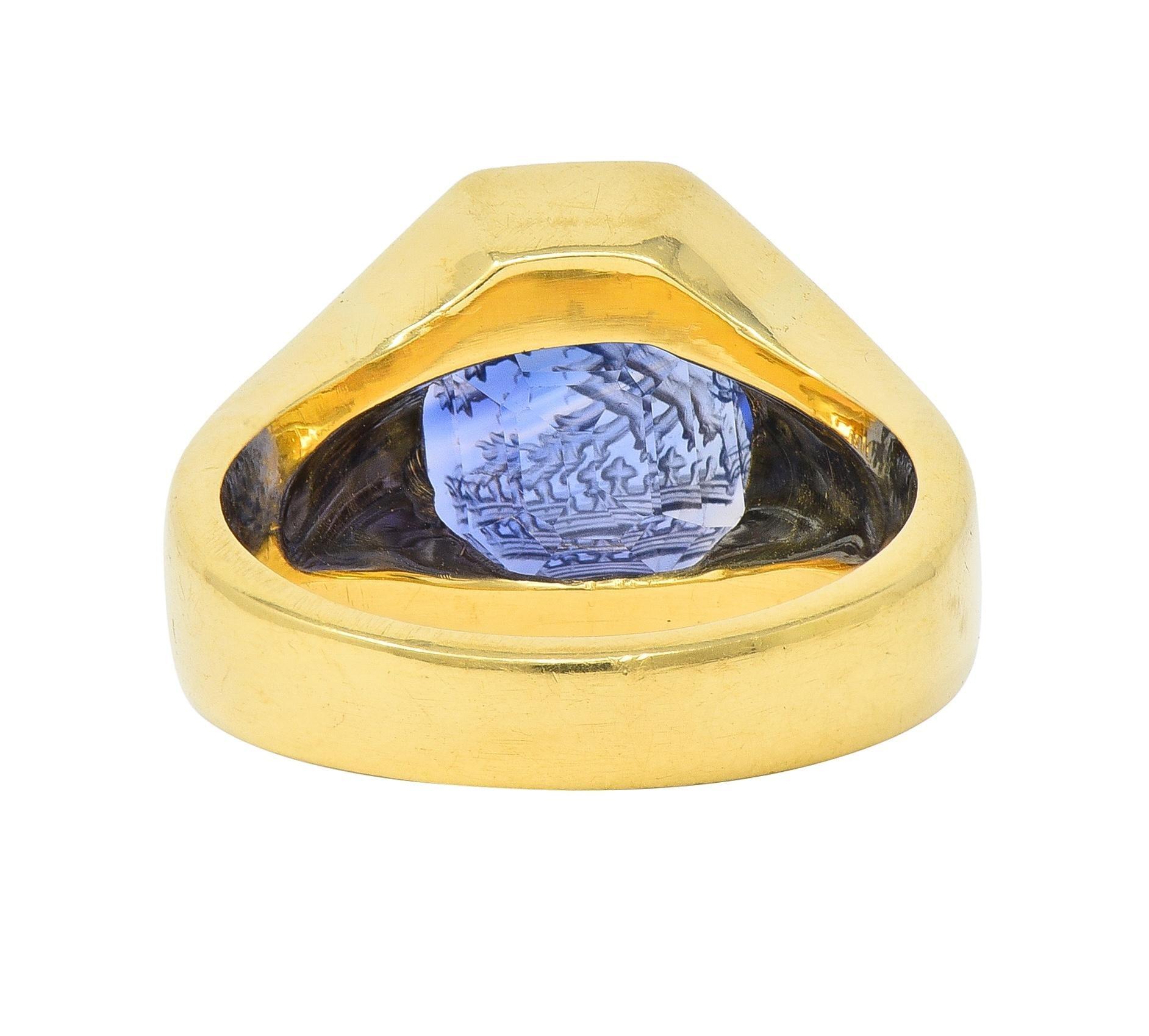 8.26 CTW No Heat Ceylon Sapphire 18K Gold Lion Crown Unisex Intaglio Ring  In Excellent Condition For Sale In Philadelphia, PA