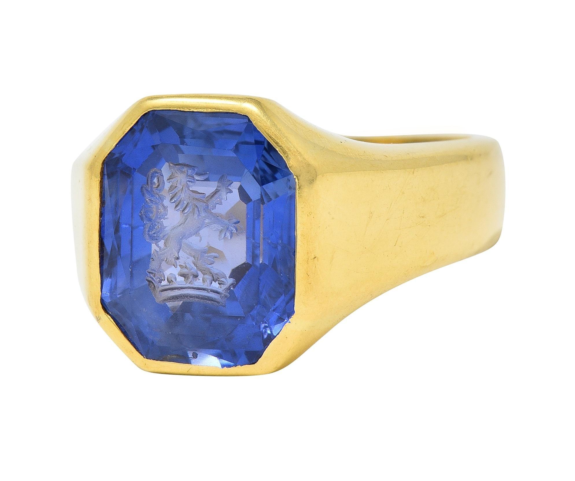 8.26 CTW No Heat Ceylon Sapphire 18K Gold Lion Crown Unisex Intaglio Ring  For Sale 2