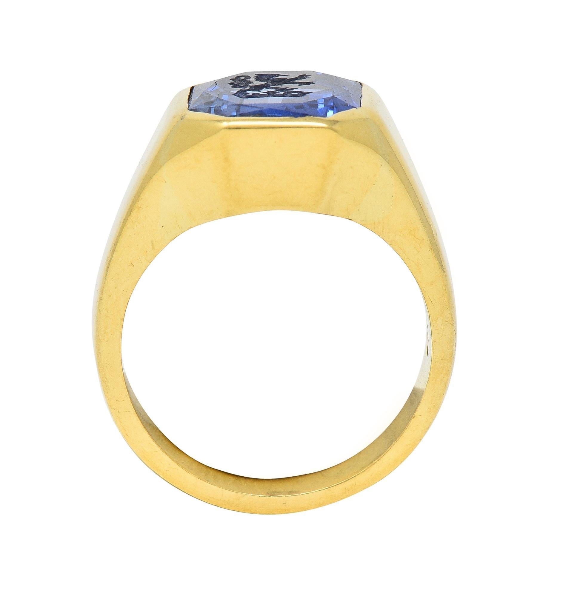 8.26 CTW No Heat Ceylon Sapphire 18K Gold Lion Crown Unisex Intaglio Ring  For Sale 3