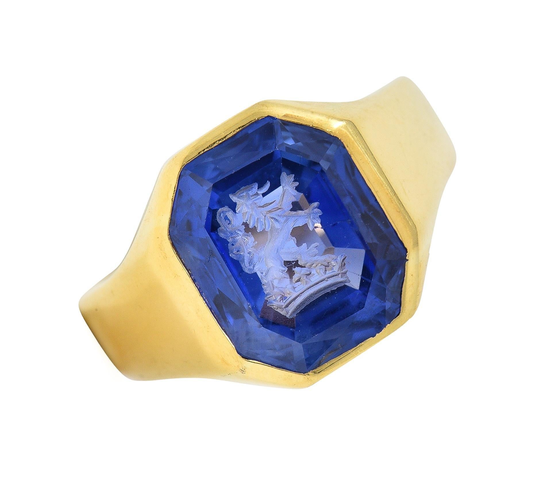 8.26 CTW No Heat Ceylon Sapphire 18K Gold Lion Crown Unisex Intaglio Ring  For Sale 4