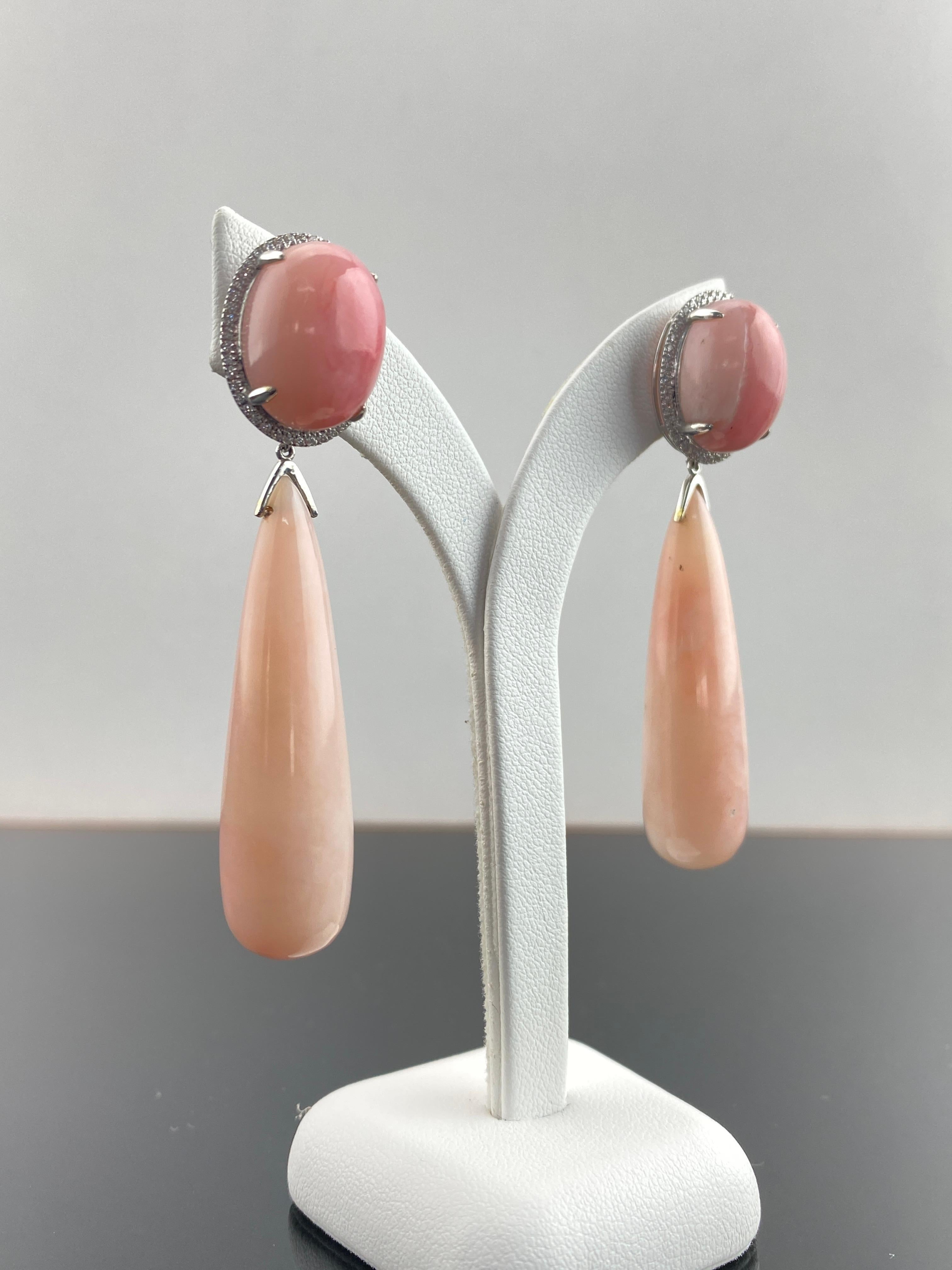 Modern 82.61 Carat Pink Opal and Diamond Dangle Earrings For Sale